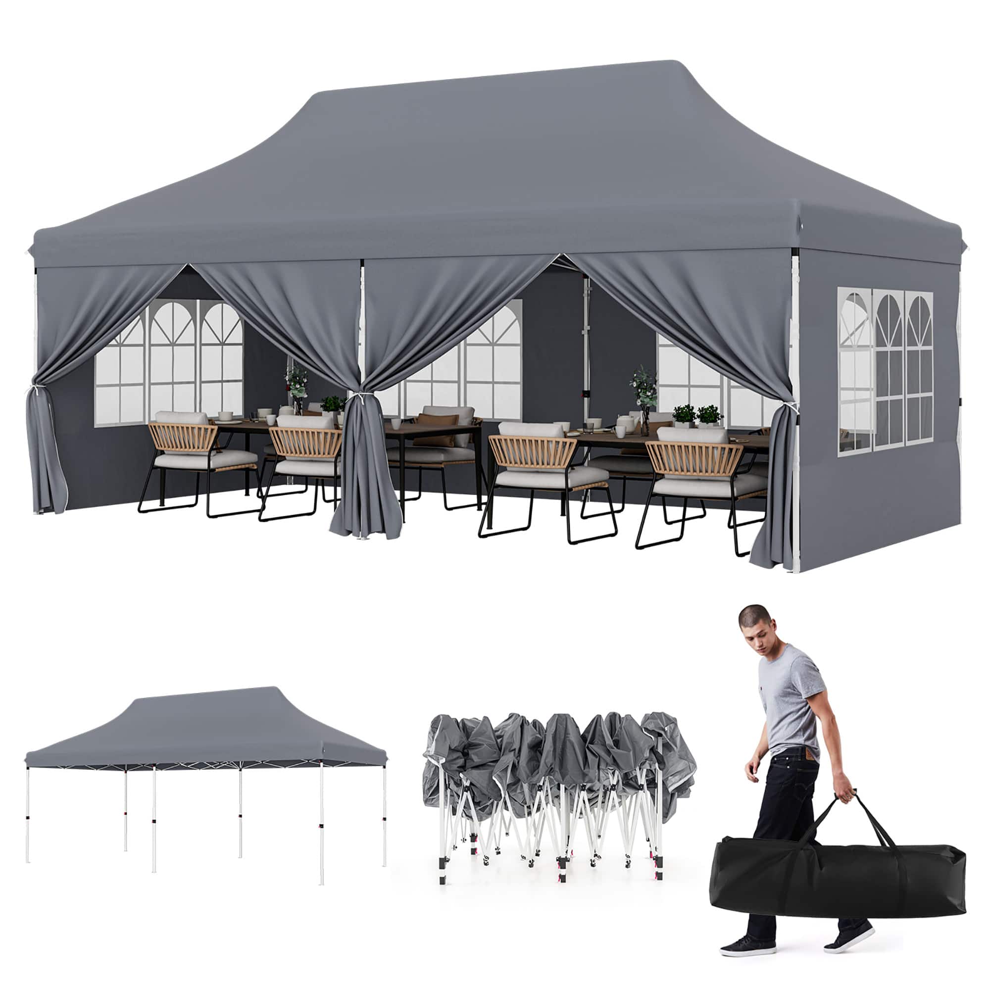 Gymax - 10 x 20 FT Canopy w/ 6 Detachable Sidewalls Carrying Bag UPF50+ Sun Protection - Gray price history on PriceWatchPro
