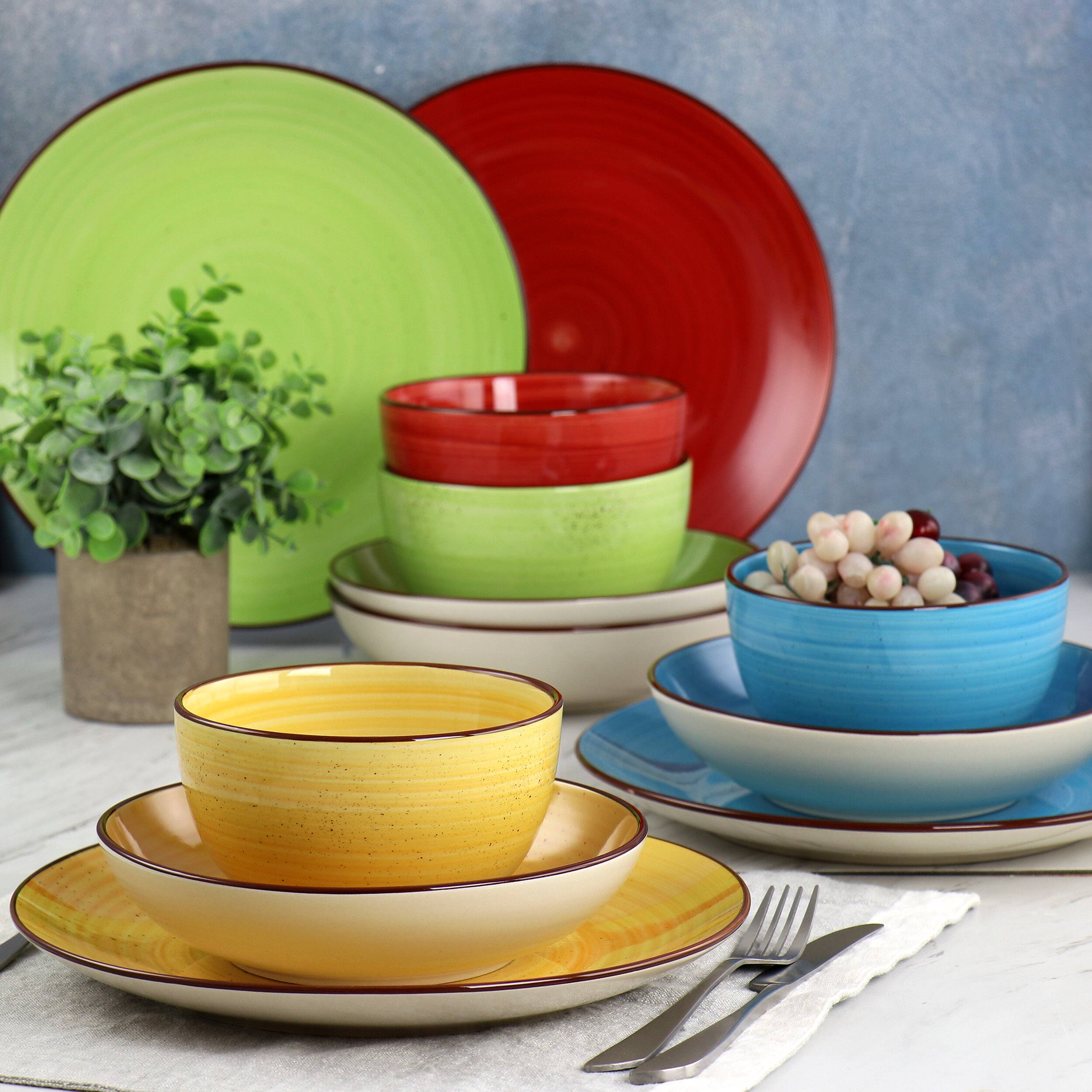 Alt View 7. Elama - Elama Mason 12 Piece Double Bowl Stoneware Dinnerware Set in Assorted Colors - Yellow, Turquoise, Lime, Red.