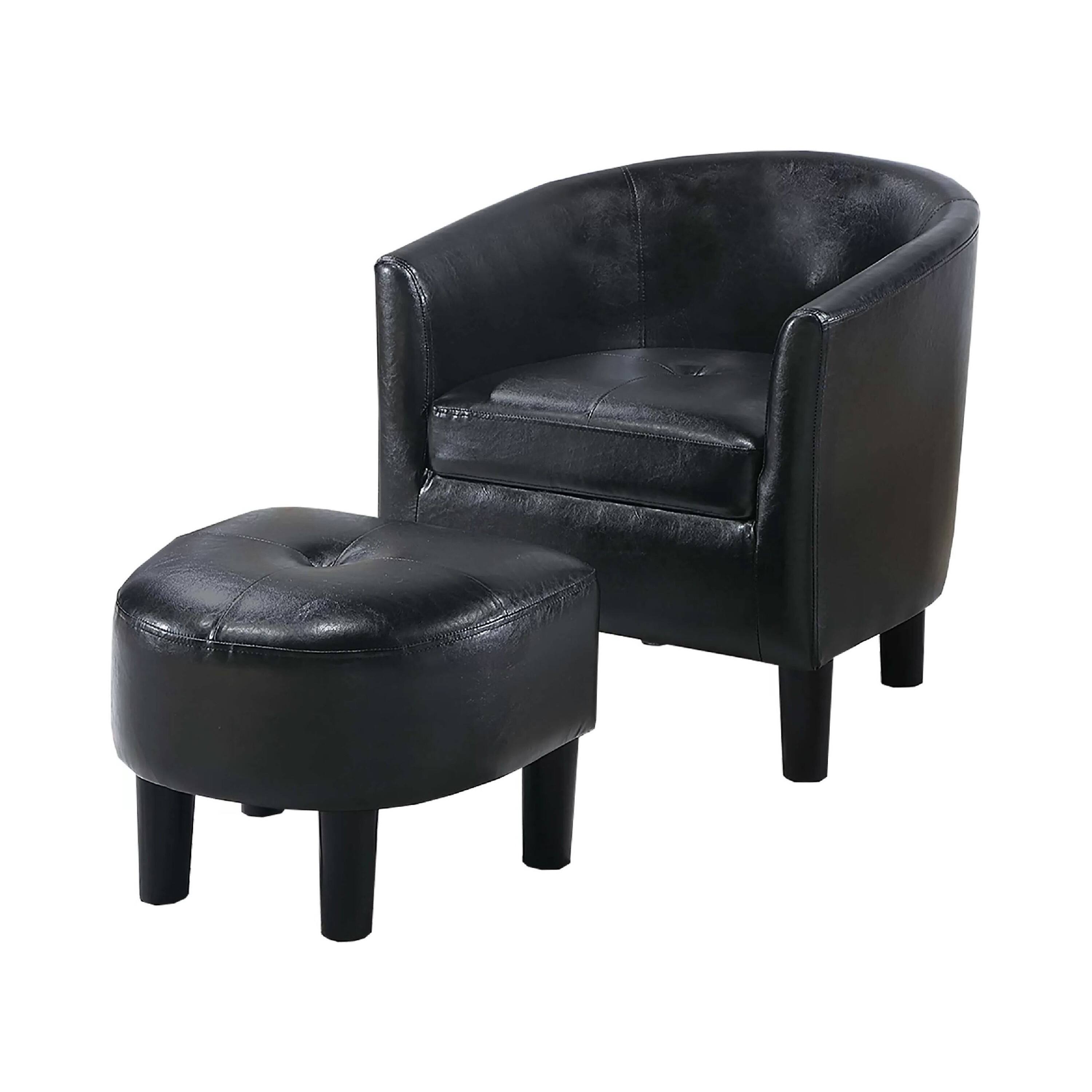 Angle. Manhattan Lane - 2pc Accent Chair and Ottoman Set, Black Faux Leather, Foam Cushions - Black.