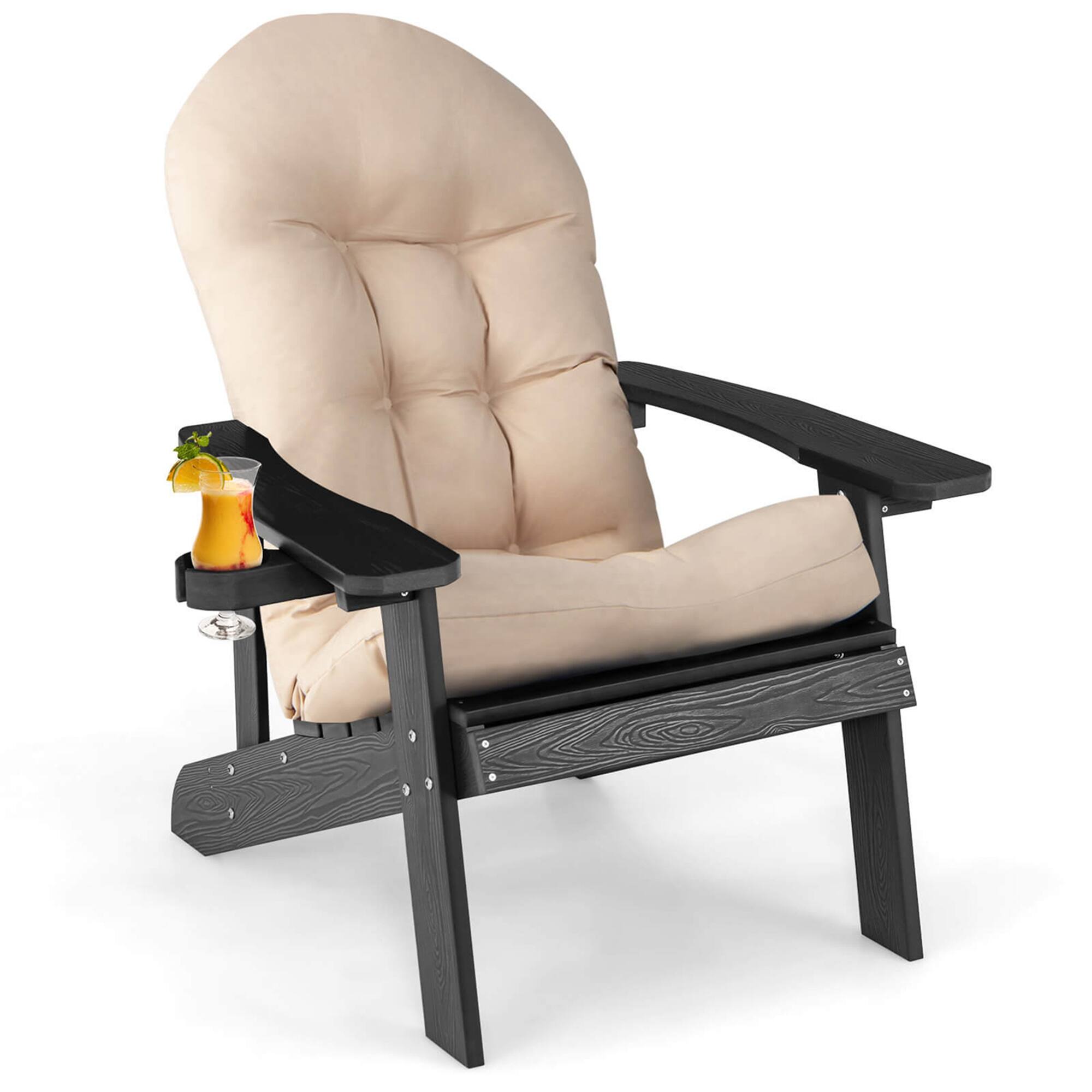 Costway - Adirondack Chair HIPS Adirondack Chair with Cup Holder & Cushion - Black