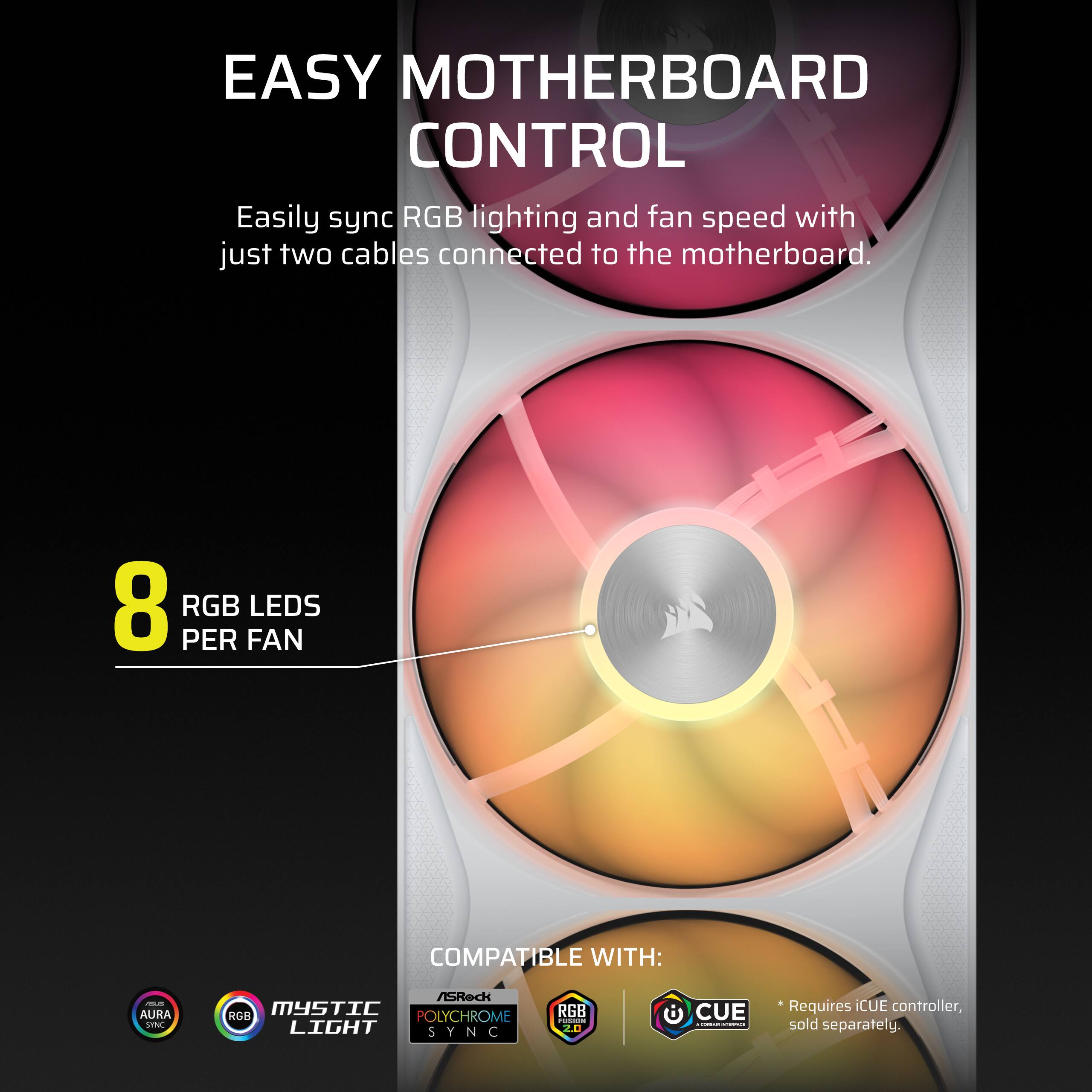 EASY MOTHERBOARD CONTROL  
Easily sync RGB lighting and fan speed with just two cables connected to the motherboard.  

8 RGB LEDS PER FAN  

COMPATIBLE WITH:  
- ASUS AURA SYNC  
- ASROCK MYSTIC RGB POLYCHROME LIGHT SYNC  
- RGB COMICS 20  

*Requires CUE controller, CUE LITORSARI sold separately.