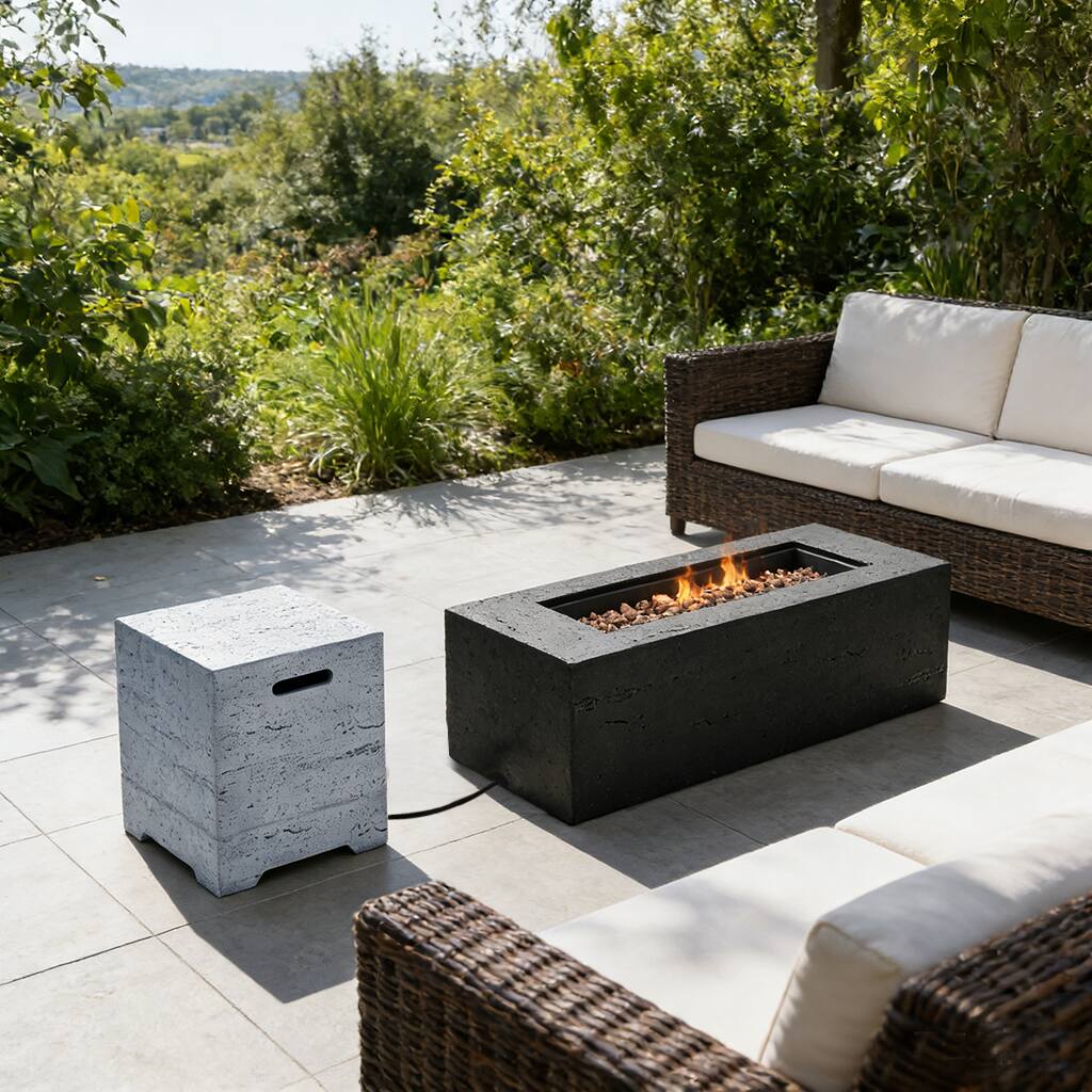 Front. Whisen - 41.9" Rectangular Magnesium Oxide Propane Fire Pit with Tank Cover Table for Patio, Garden & Deck - Black|Grey.
