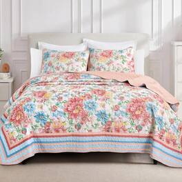 MarCielo - 3 Piece Lightweight Quilt Bedspread Set Reversible Floral Botanical - Peony Pink Border