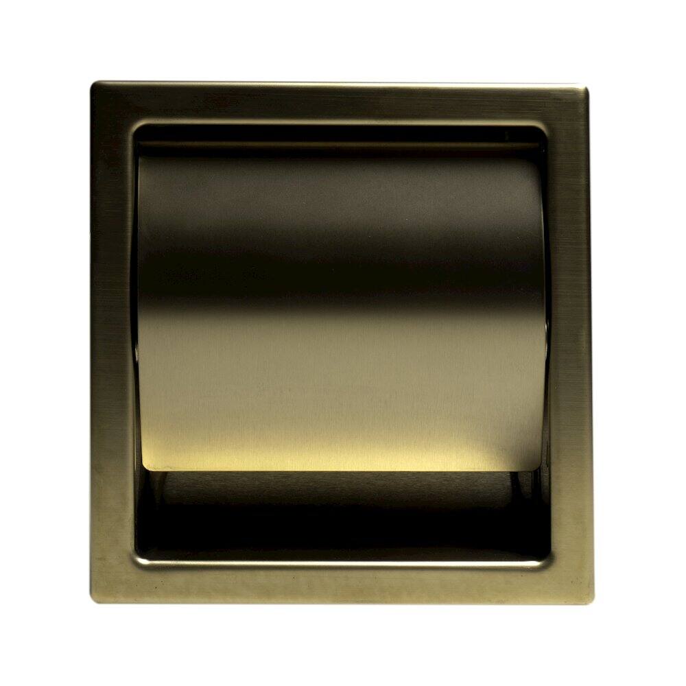Angle. Alfi - PVD Brushed Gold Stainless Steel Recessed Toilet Paper Holder with Cover - Gold.