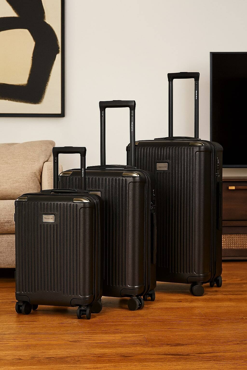 Angle. Roberto Cavalli - 3 Piece Luggage Set with Expandable Hard Shell & 8 Spinner Wheels - BLACK.