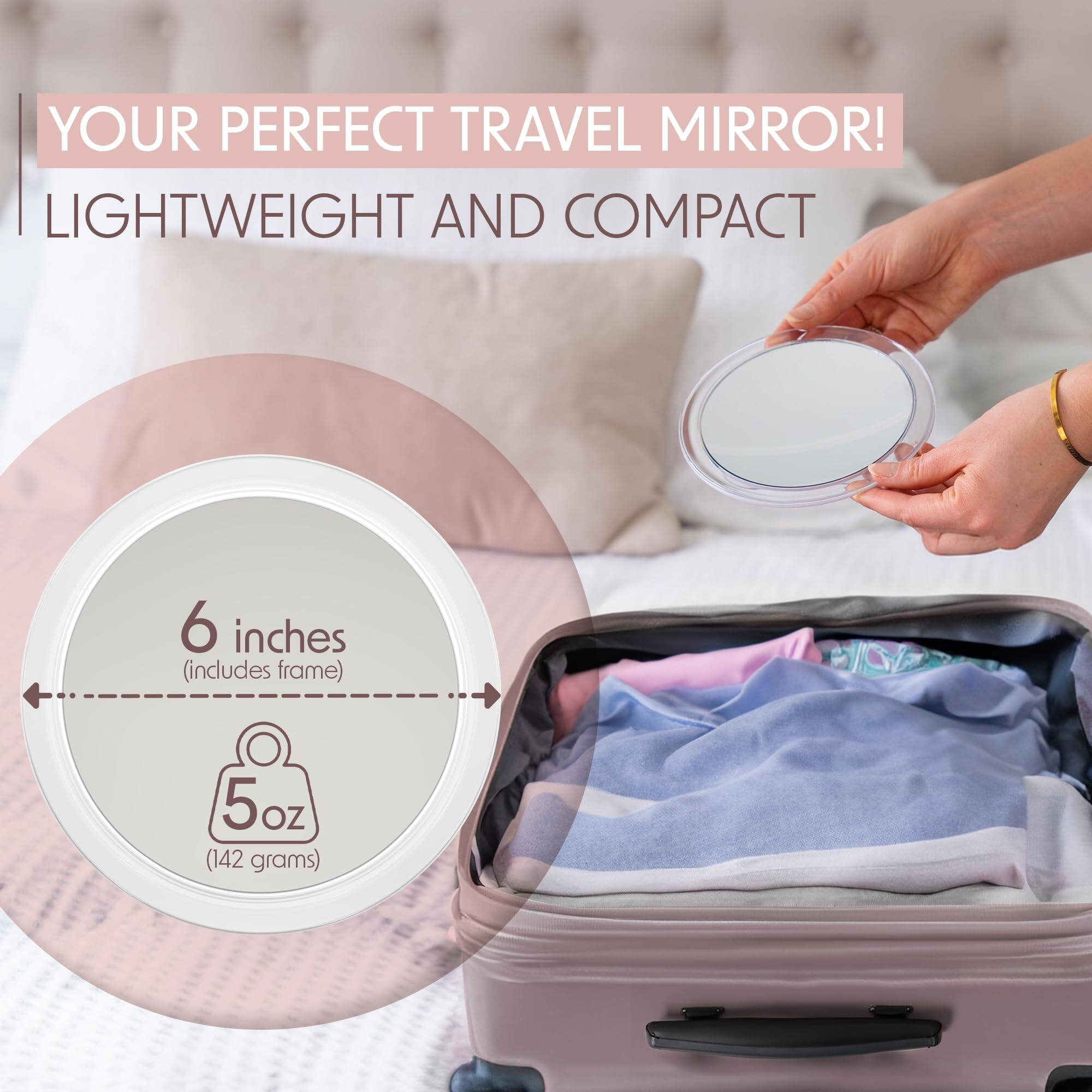 YOUR PERFECT TRAVEL MIRROR!  
LIGHTWEIGHT AND COMPACT  

6 inches (includes frame)  
5 oz (142 grams)