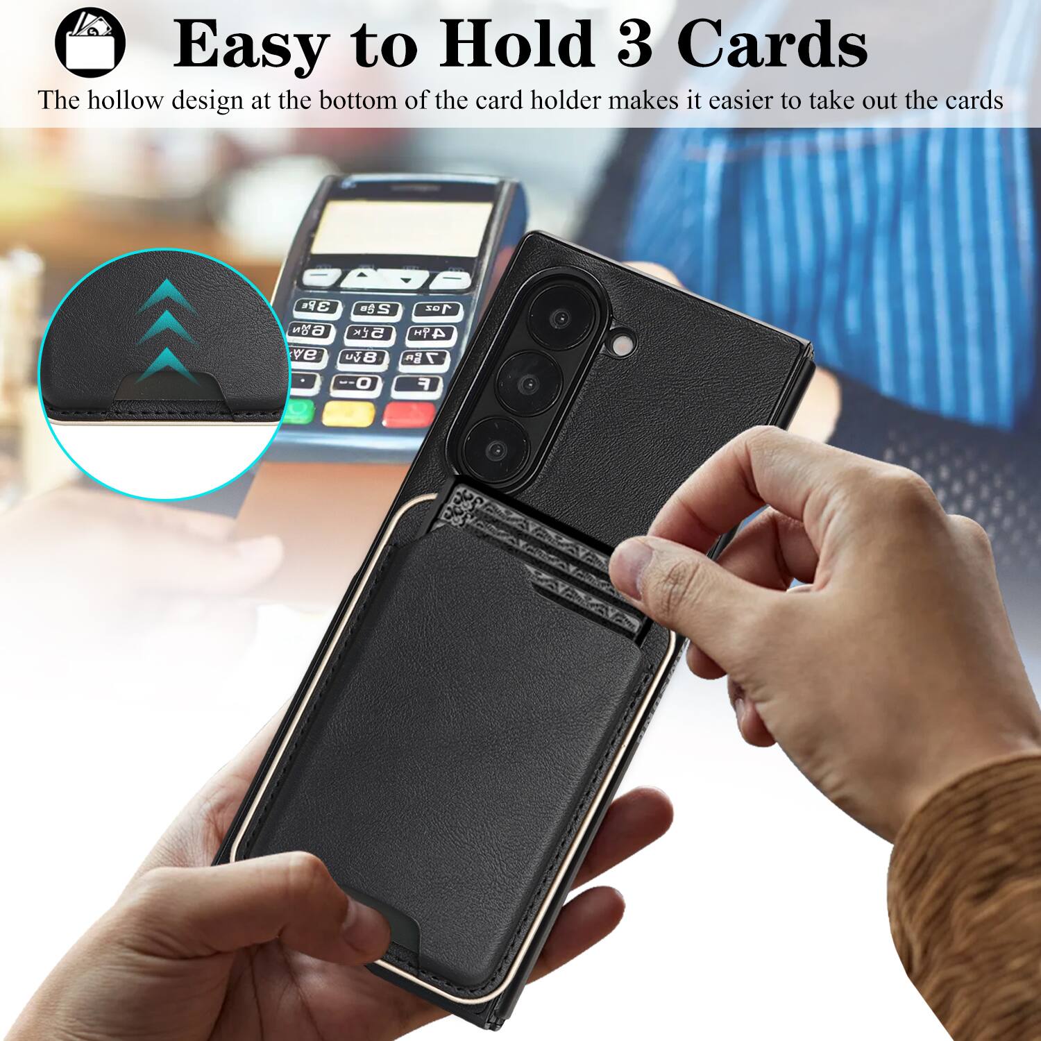 Easy to Hold 3 Cards  
The hollow design at the bottom of the card holder makes it easier to take out the cards