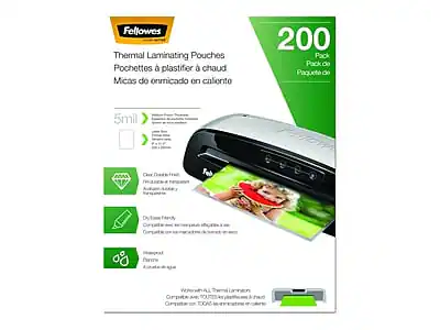 Fellowes Thermal Laminating Pouches
Pochettes à plastifier à chaud
Micas de encuadernado en caliente
5ml
200 Pack
Pack de 200
Paquete de 200
- Easy to use
- Resistant to fading
- Durable
- Acid-free
Compatible with all thermal laminators
Compatible con todos los laminadores térmicos
Compatible avec tous les laminateurs thermiques