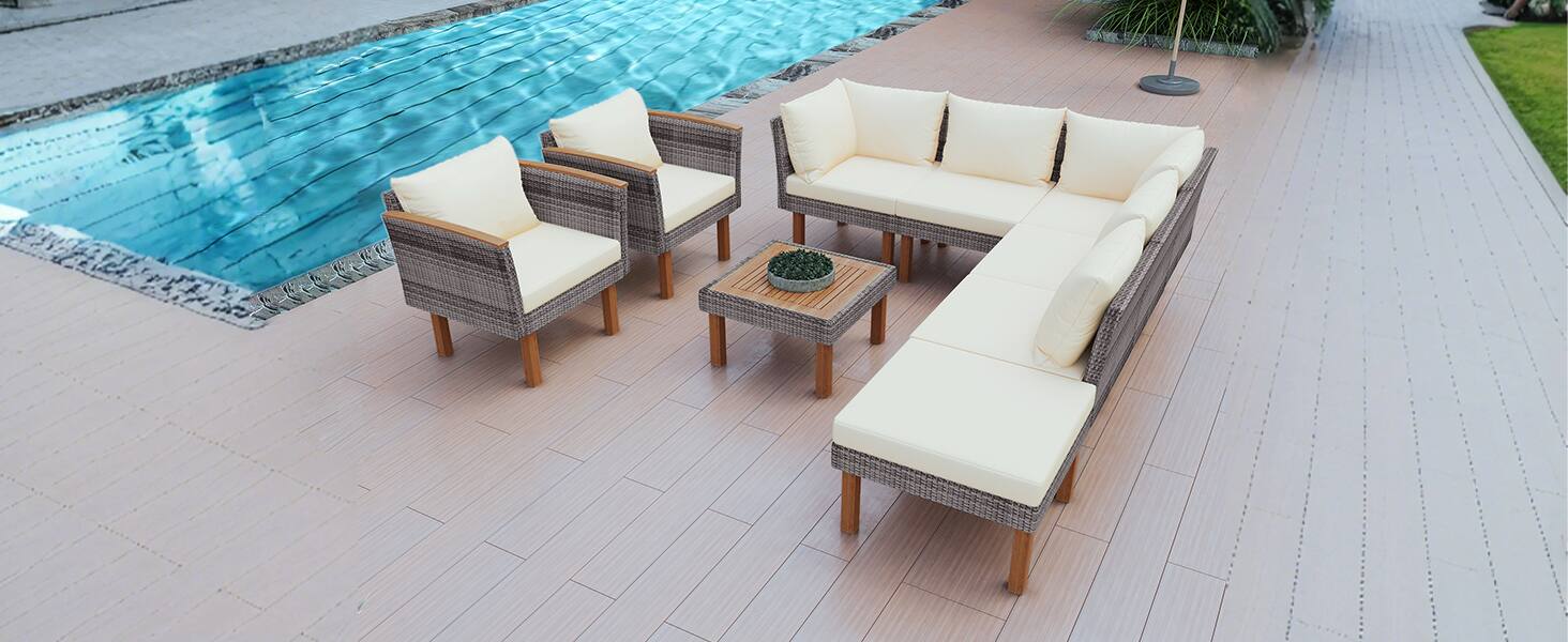 Angle. APRILSOUL - GO 9-Piece Patio Rattan Furniture Set Outdoor With Acacia Wood Legs and Tabletop Beige - Beige.