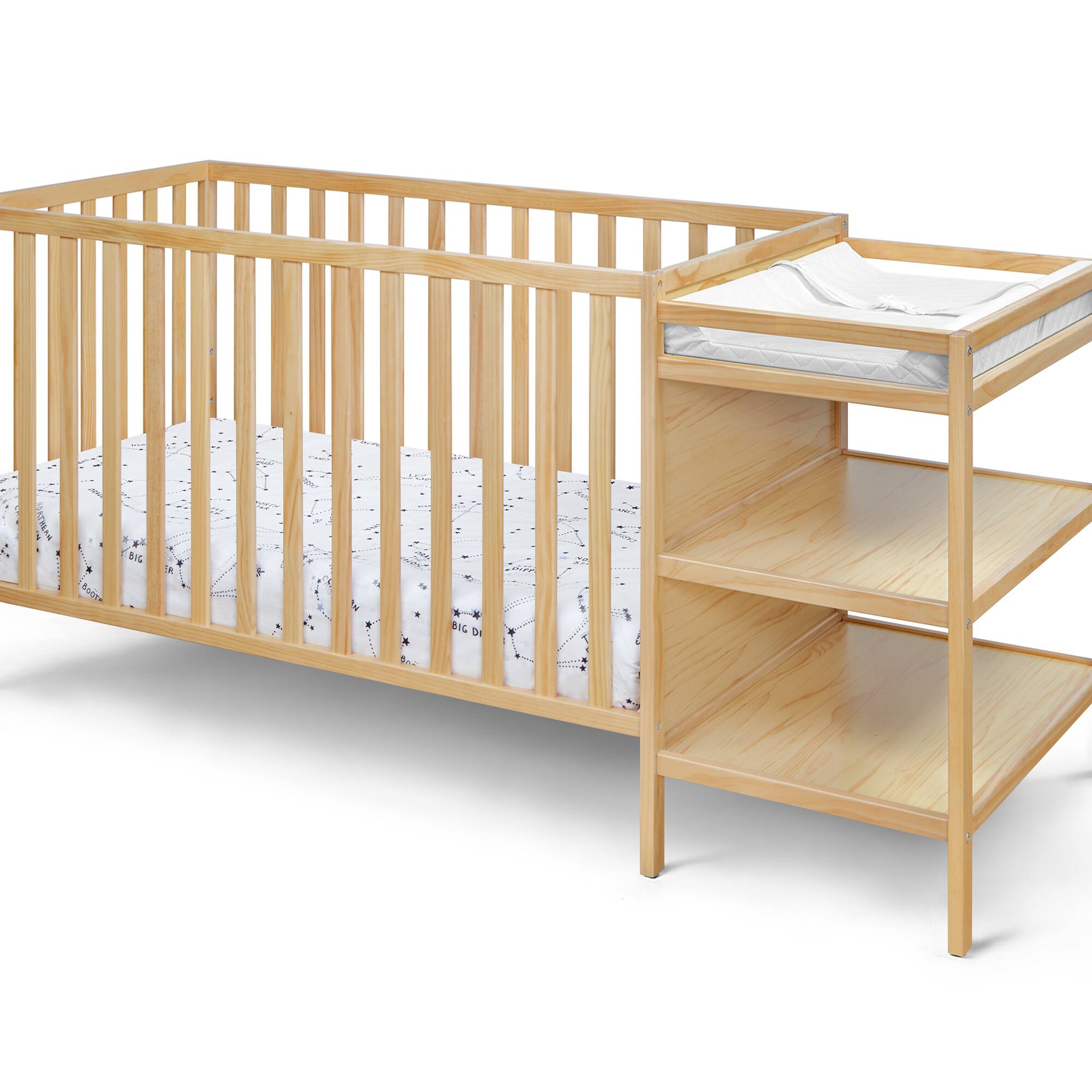 Back. GOODSILO - 3-in-1 Convertible Crib and Changer Combo with Storage Shelves and Adjustable Mattress Support - Natural.