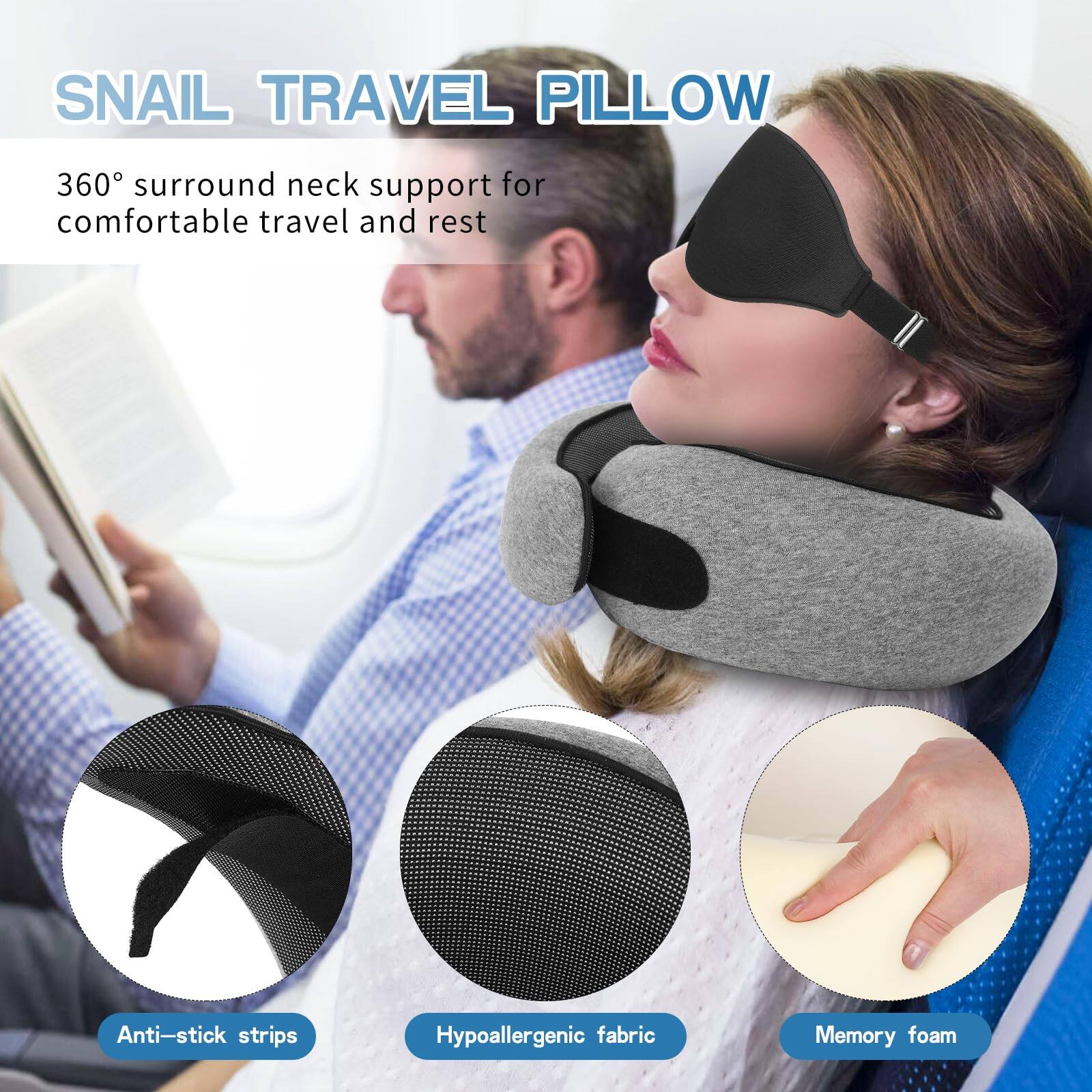 SNAIL TRAVEL PILLOW

360° surround neck support for comfortable travel and rest

- Anti-stick strips
- Hypoallergenic fabric
- Memory foam