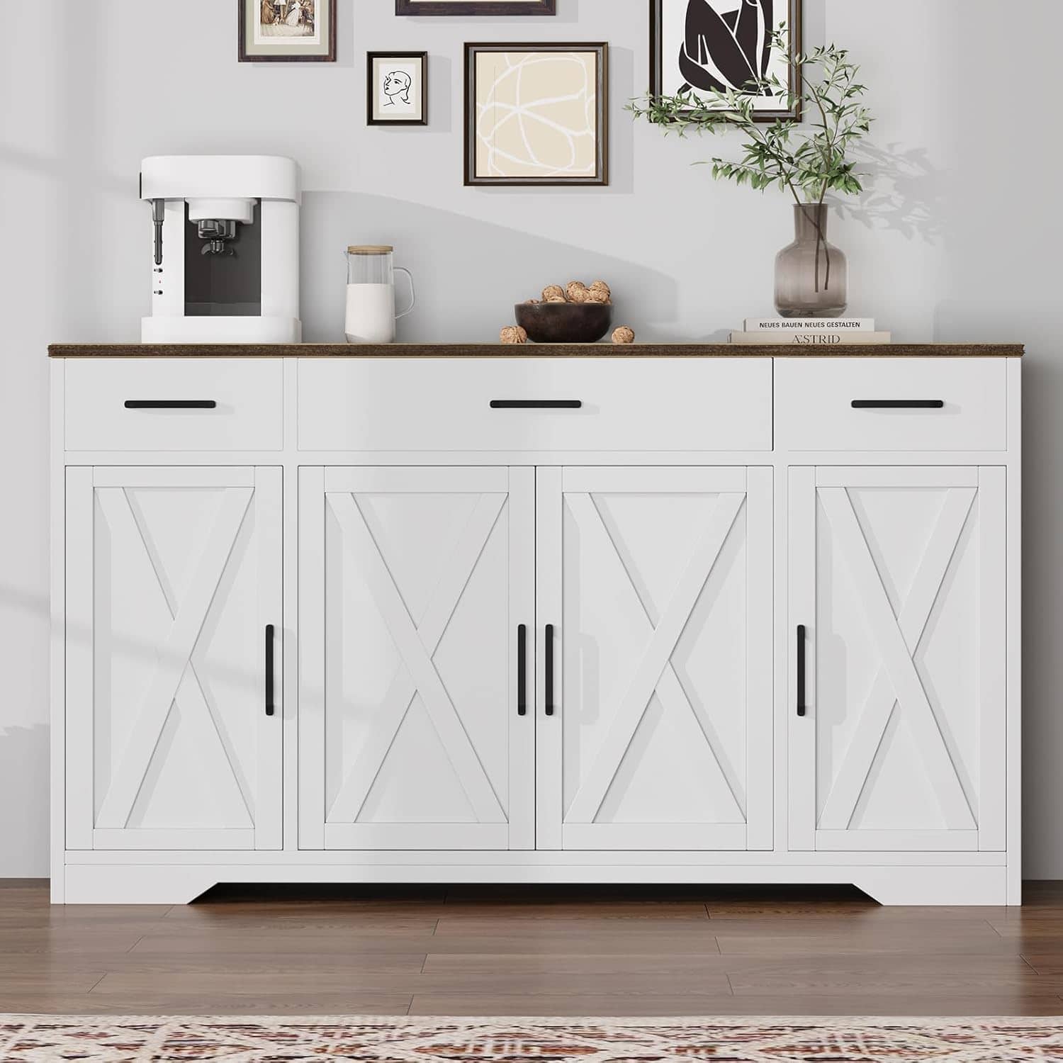 Jojoka - 55" Kitchen Sideboard Buffet Cabinet with 3 Drawers, Shelves and Doors - White+Brown Top