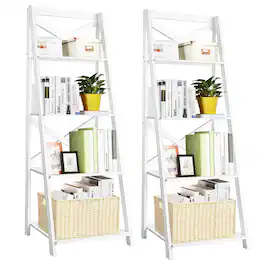 Costway - Set of 2 Ladder Shelf 4-Tier Bookshelf Bookcase Storage Display Plant Leaning - White