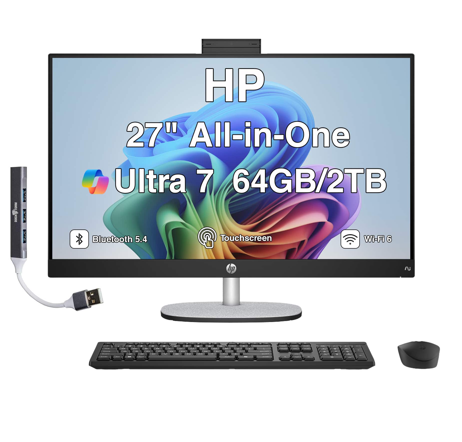 HP - Upgraded - 27 All-in-One 27 FHD Display (Ultra 7-255U, 64GB, 2TB SSD, Intel Graphics, WiFi 6, Win 11 Pro) w/USB Hub - Black