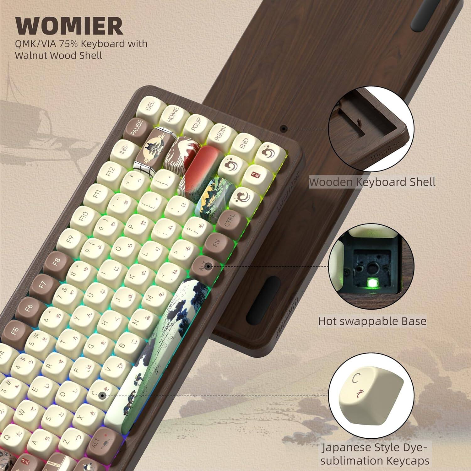 WOMIER QMK/VIA 75% Keyboard with Walnut Wood Shell

DEL HOME PGUP PAUSE INS P F12 . e F11 - e = . F10 - c  de D a. C ? - F9 1 a. O 4 10 9 11 A L F8   12 8 - 6 V K F7 8    L U  M  F6 C    Y V H N F5 2 o & 5 T e EJ G  A $ e to 4 R  V  F = 5 6 3 E   D C PGDN END  CTRL FN amio Wooden Keyboard Shell itar Hot swappable Base B W M Un  x  Q 42 A 1  N C. ALT Japanese Style Dye- sublimation Keycaps