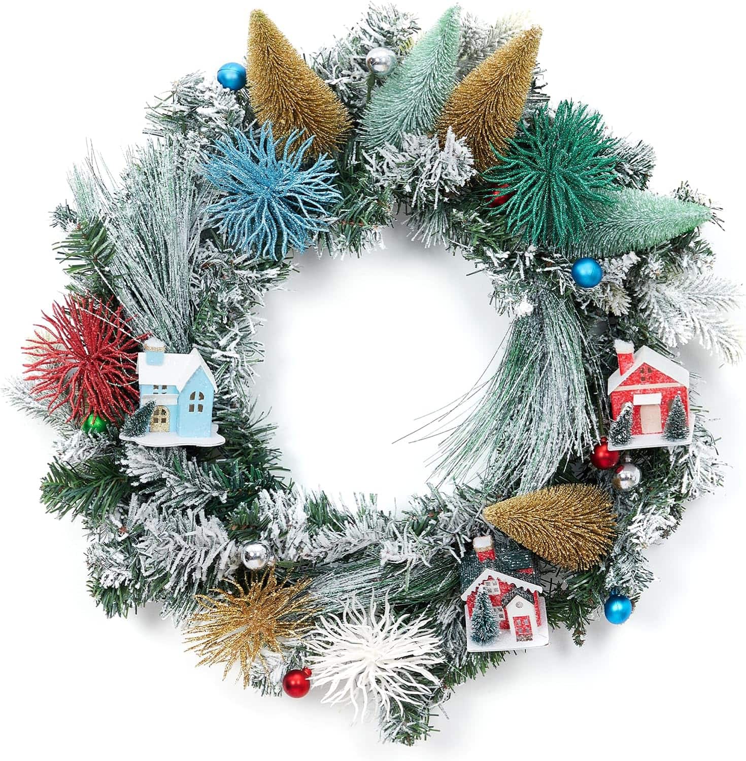 Jojoka - 24-in Christmas Village Wreath for Indoor Outdoor Holiday Decorations - Green