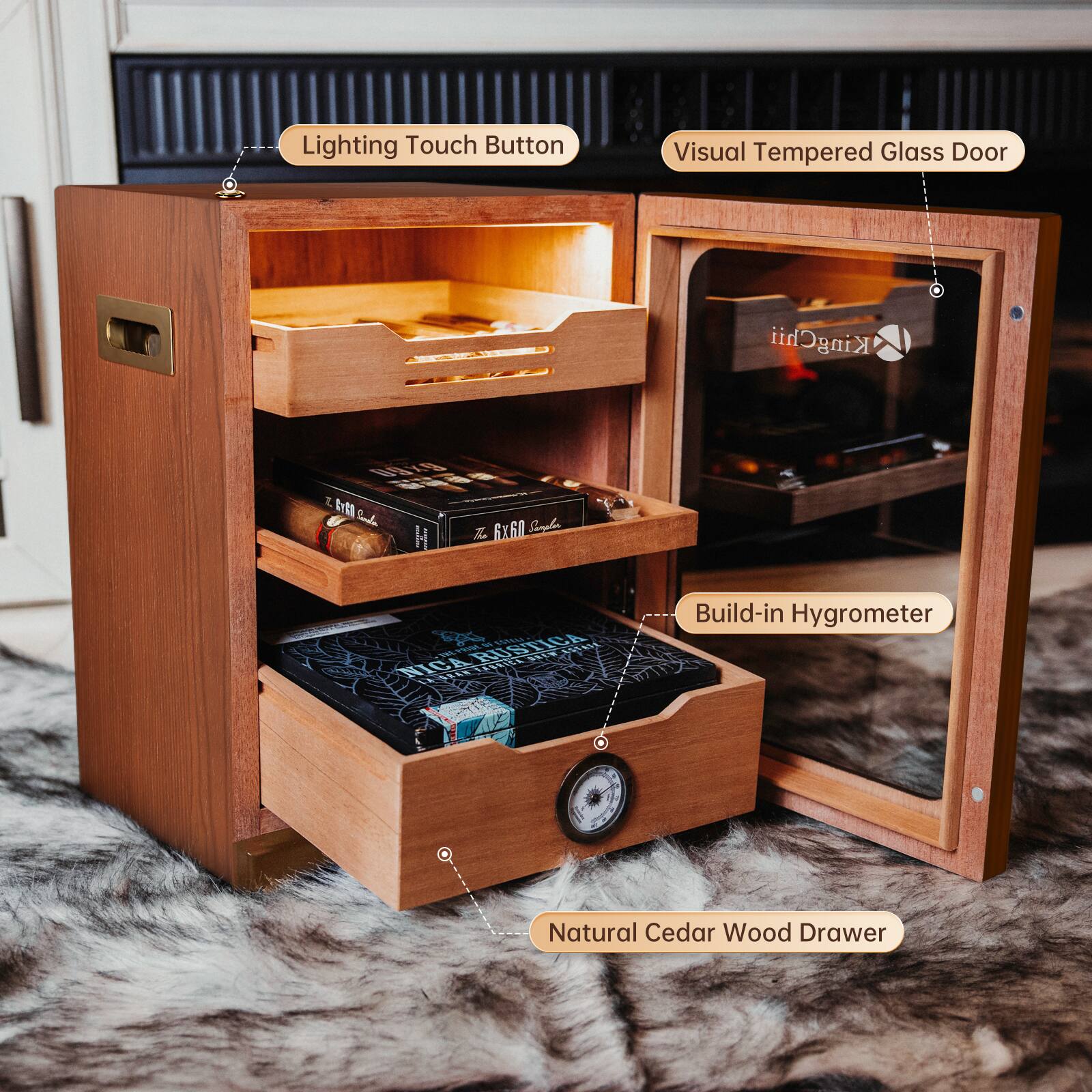 Lighting Touch Button  
Visual Tempered Glass Door  
Build-in Hygrometer  
Natural Cedar Wood Drawer