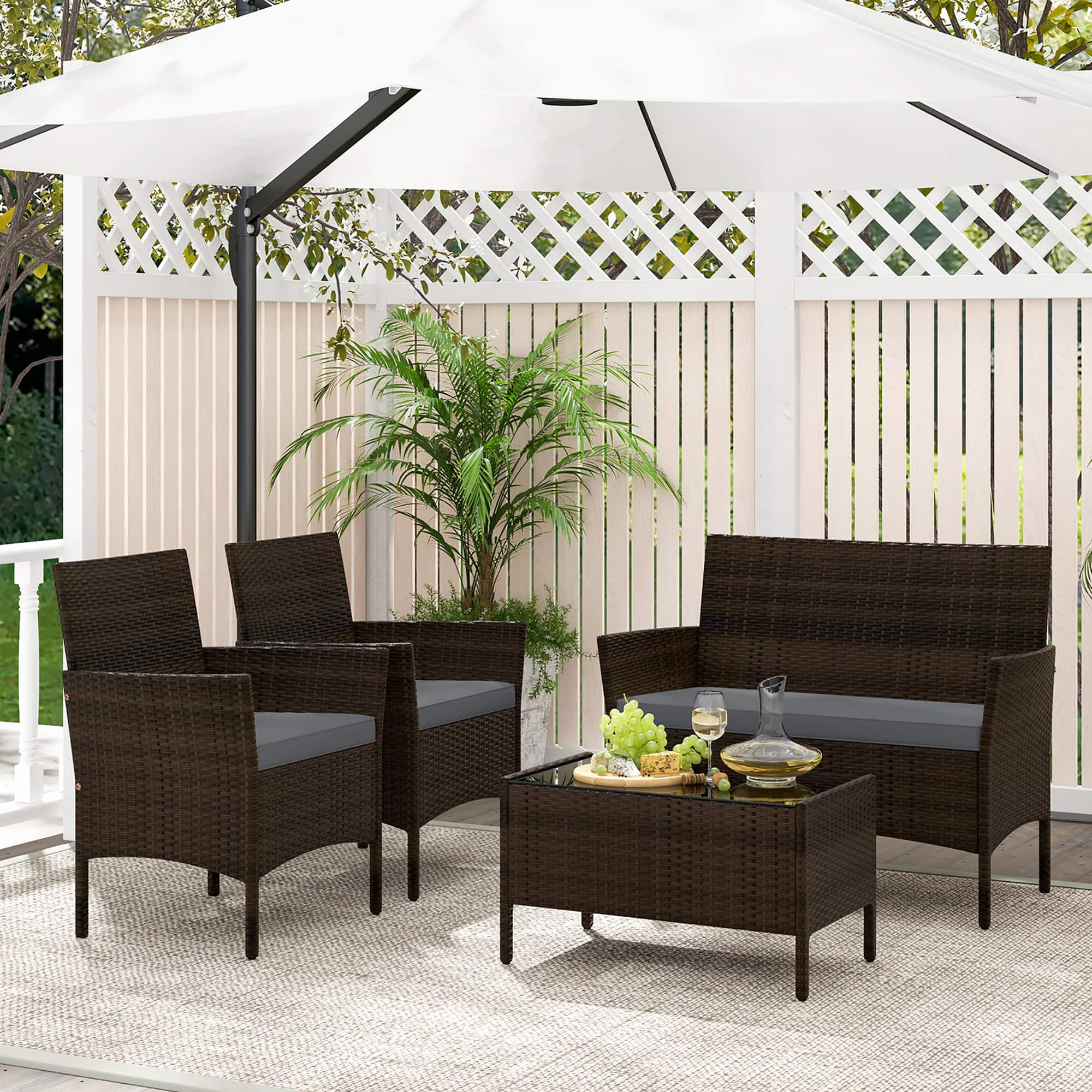 Front. Gymax - Gymax 4 Piece Patio Rattan Conversation Set Outdoor Wicker Furniture Set w/ Chair & Loveseat - Mix Brown, Gray.