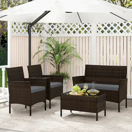 Front. Gymax - Gymax 4 Piece Patio Rattan Conversation Set Outdoor Wicker Furniture Set w/ Chair & Loveseat - Mix Brown, Gray.