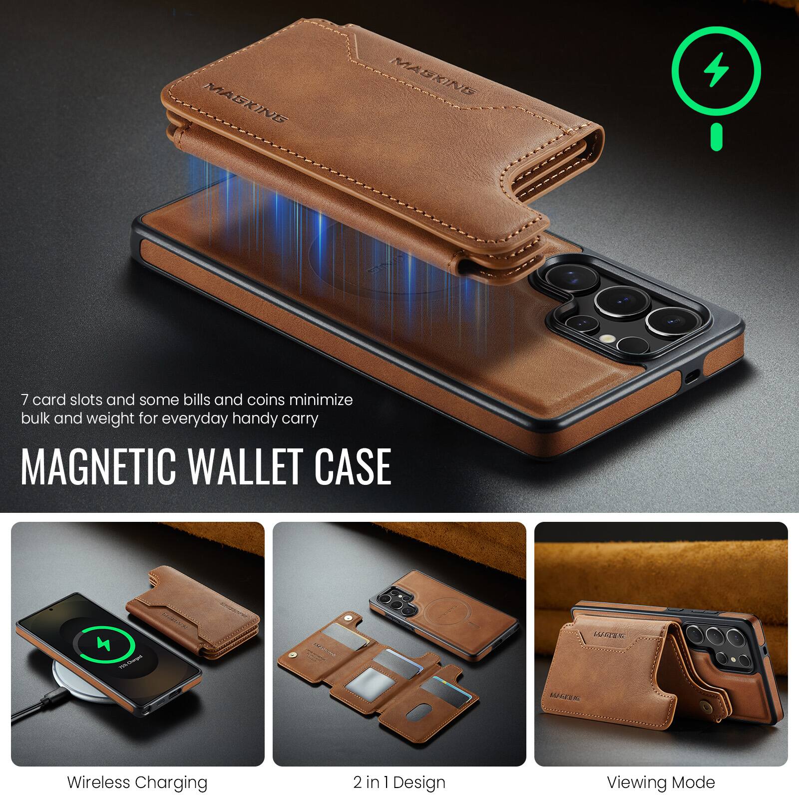 MAGKING SKIN 7 card slots and some bills and coins minimize bulk and weight for everyday handy carry MAGNETIC WALLET CASE

Weps ATEN Wireless Charging 2 in 1 Design Viewing Mode