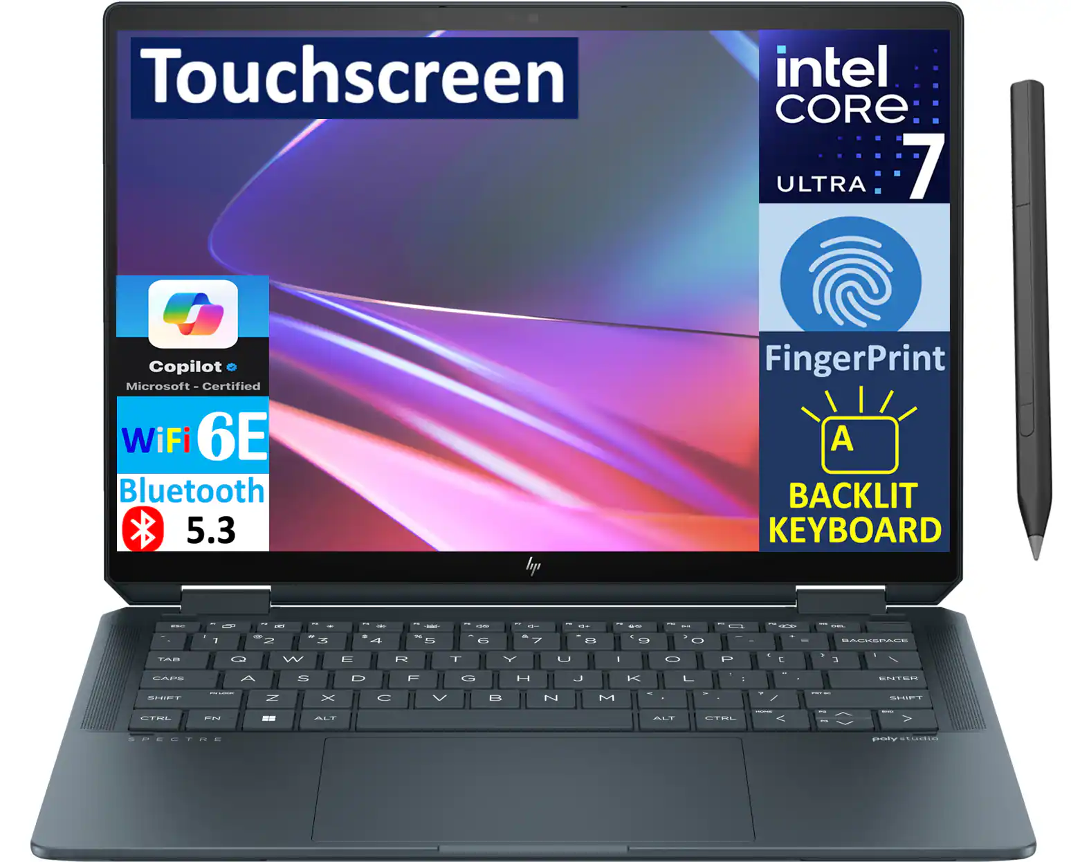 Touchscreen
Intel Core Ultra 7
Copilot Microsoft Certified
WiFi 6E
Bluetooth 5.3
Fingerprint
Backlit Keyboard