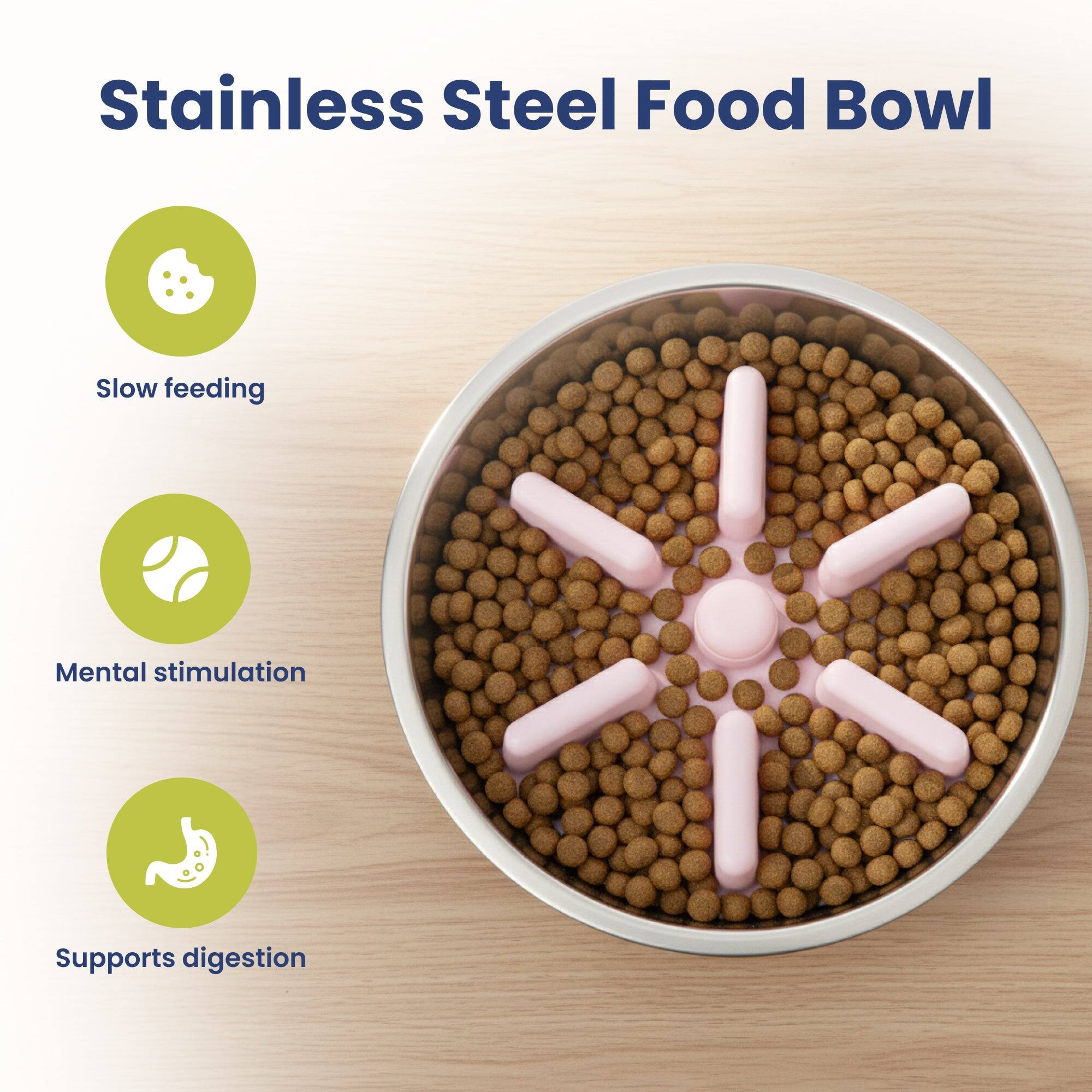 Stainless Steel Food Bowl

- Slow feeding
- Mental stimulation
- Supports digestion
