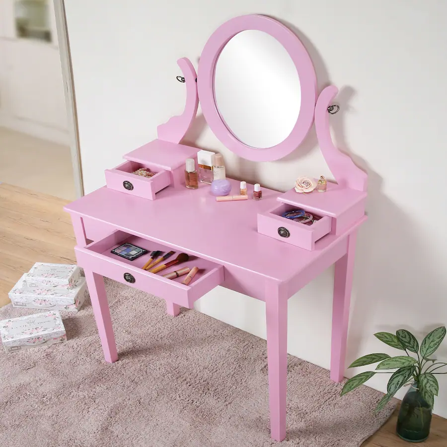 Poop Aba Loheer Makeup Vanity Table with Stool, Adjustable Oval Mirror Pink ...