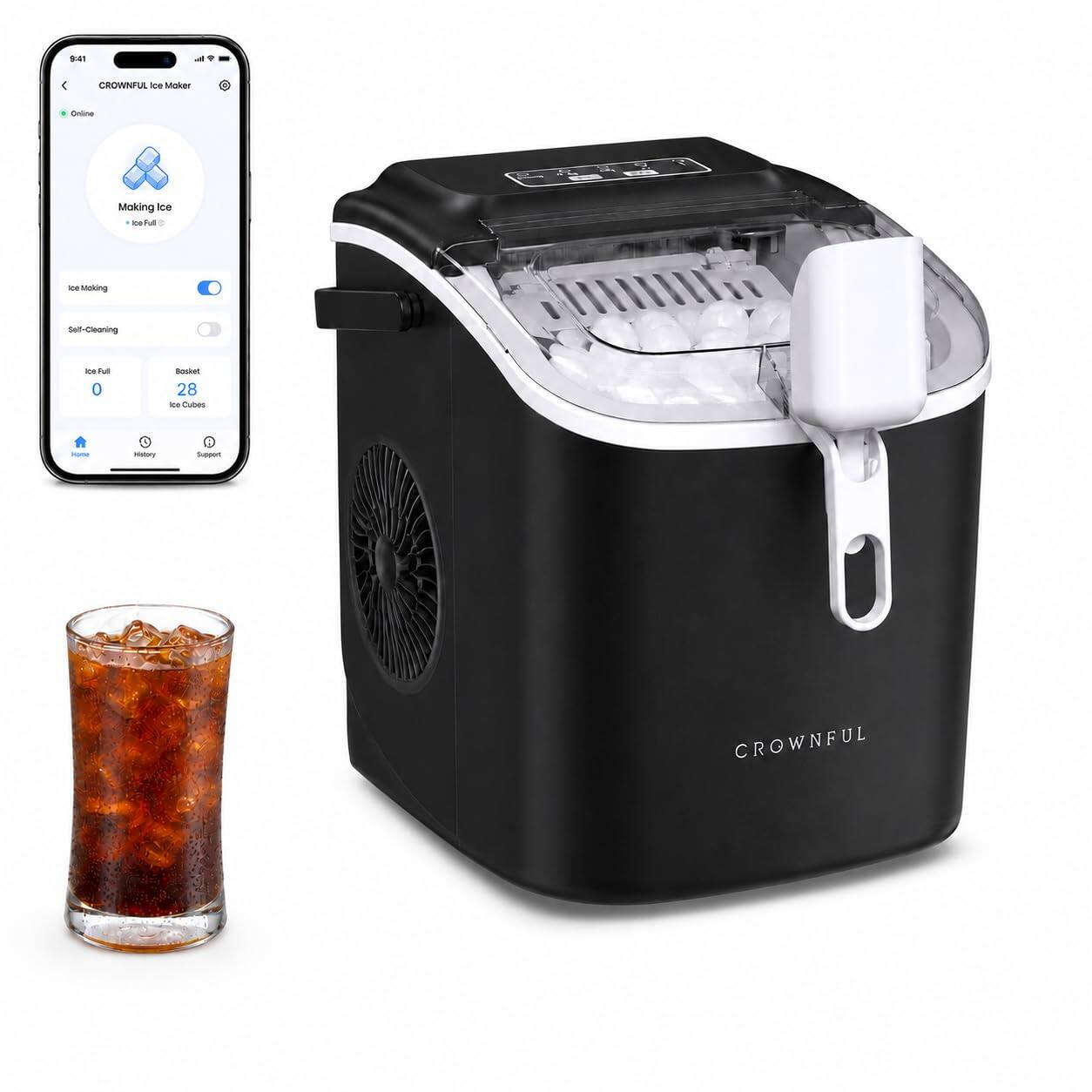 9:41
CROWNFUL Ice Maker
Online
Making Ice
Ice Full
Ice Making
Self-Cleaning
Ice Full 0
Basket 28 Ice Cubes
Home
History
Support
CROWNFUL