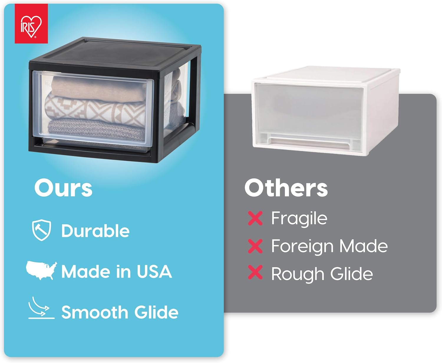 Ours
- Durable
- Made in USA
- Smooth Glide

Others
- Fragile
- Foreign Made
- Rough Glide