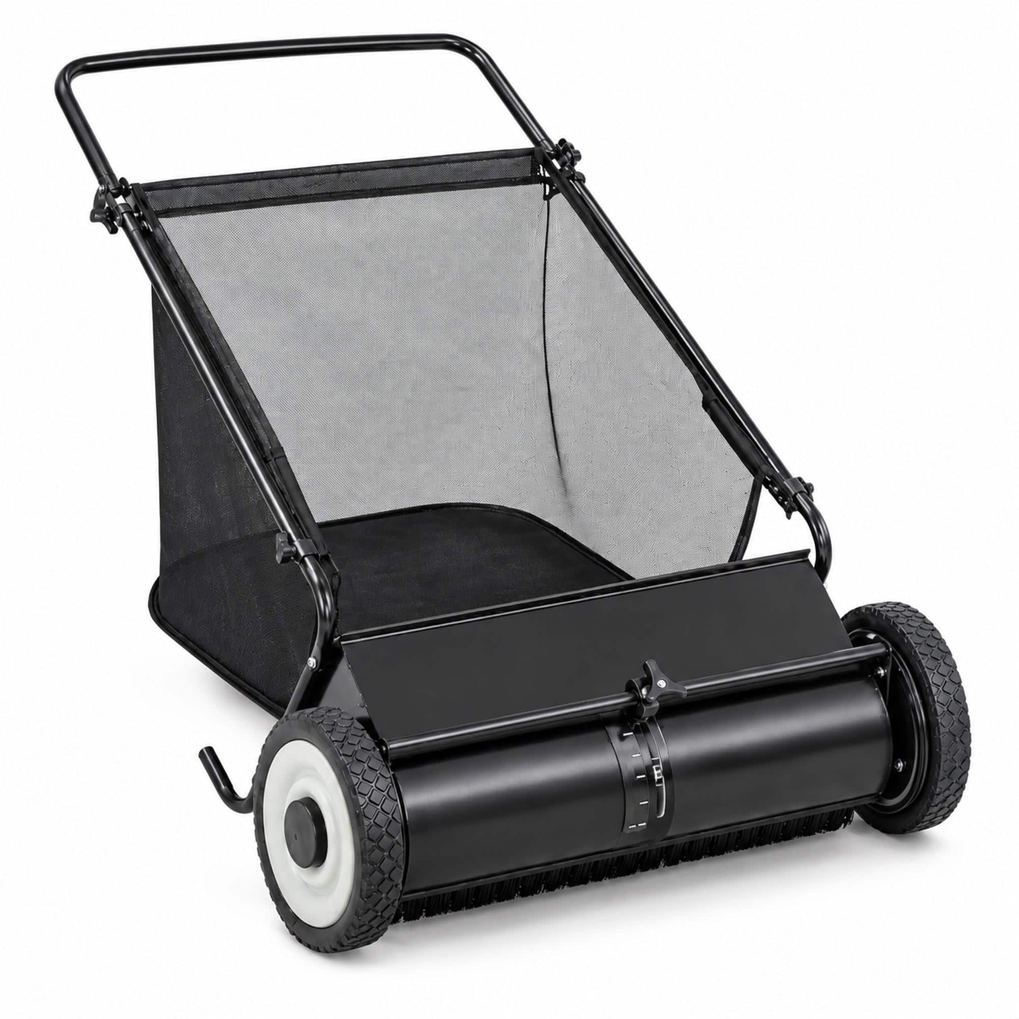 RYHNUYNE - 26-Inch Push Lawn Sweeper, 7 Cu. Ft - Black