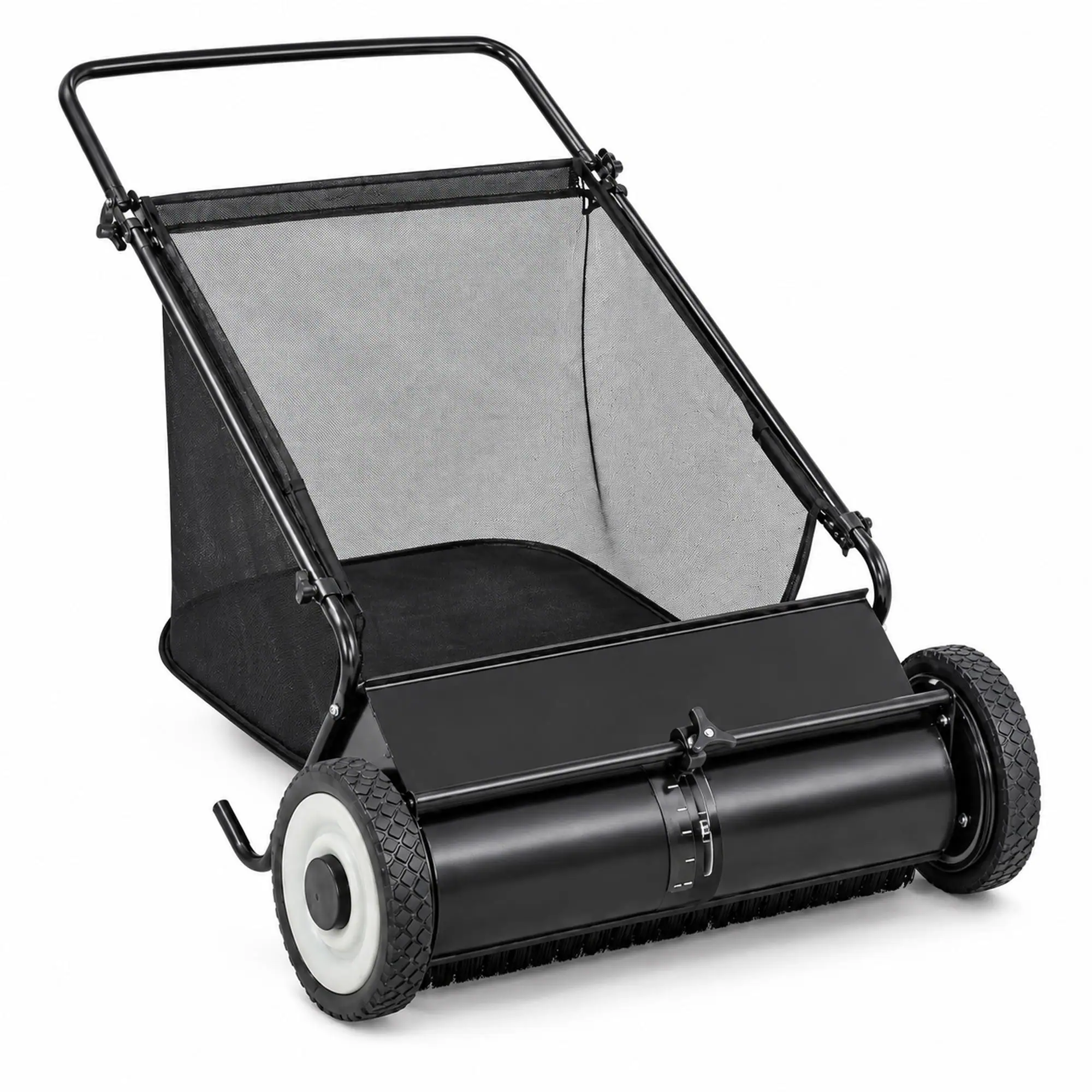 Front. RYHNUYNE - 26-Inch Push Lawn Sweeper, 7 Cu. Ft. - Black.