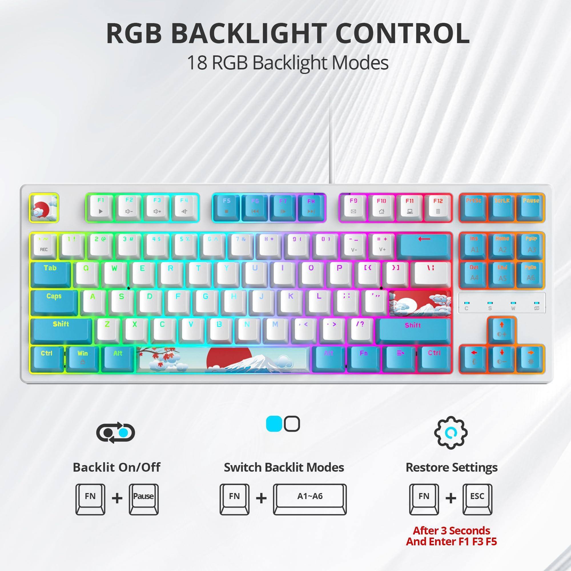 RGB BACKLIGHT CONTROL  
18 RGB Backlight Modes  

Backlit On/Off  
FN + Pause  

Switch Backlit Modes  
FN + A1-A6  

Restore Settings  
FN + ESC  
After 3 Seconds And Enter F1 F3 F5