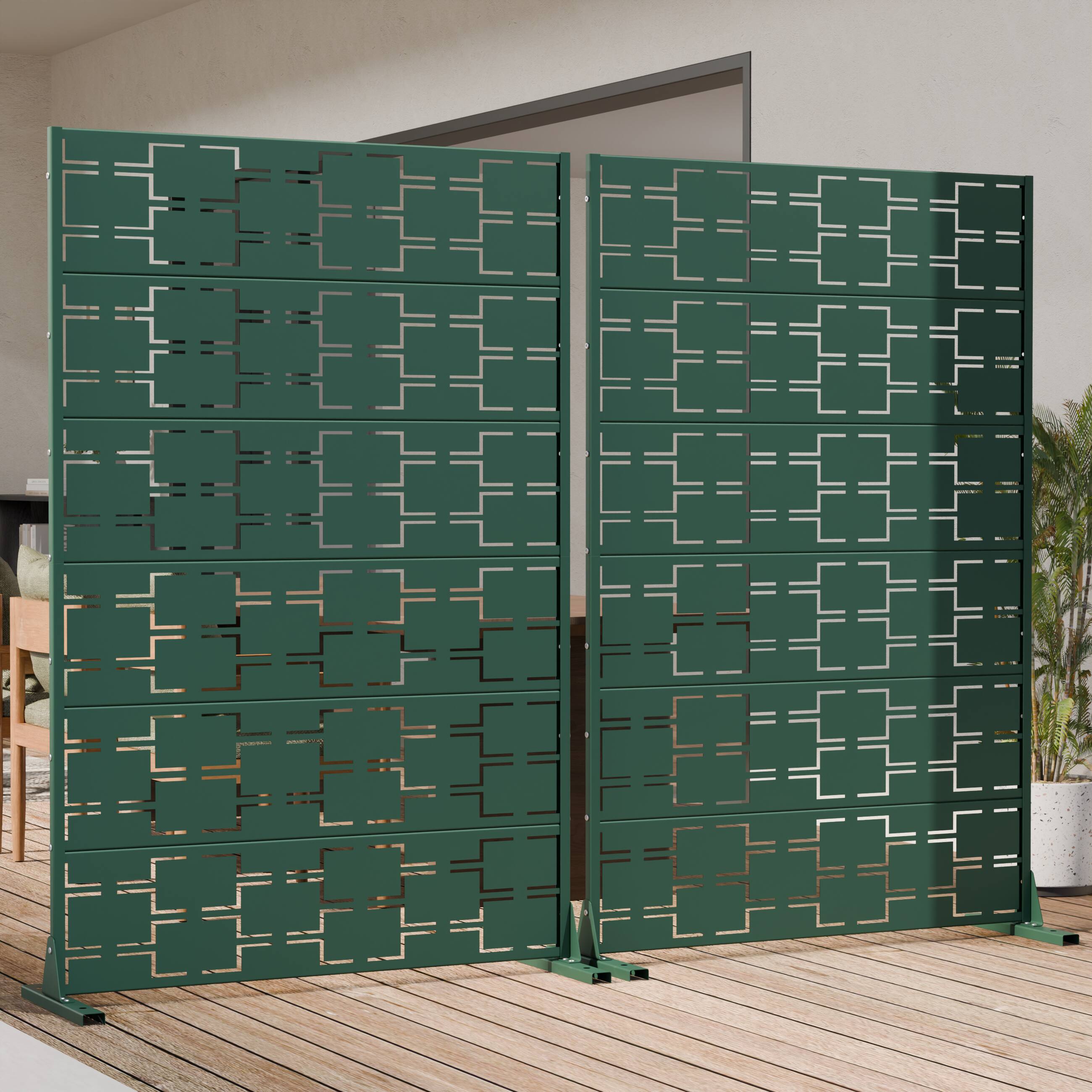Alt View 2. PexFix - 72" x 47" Outdoor Privacy Screen Metal Freestanding Patio Screen with Modern Geometric Cutouts Decorative - Dark Green.