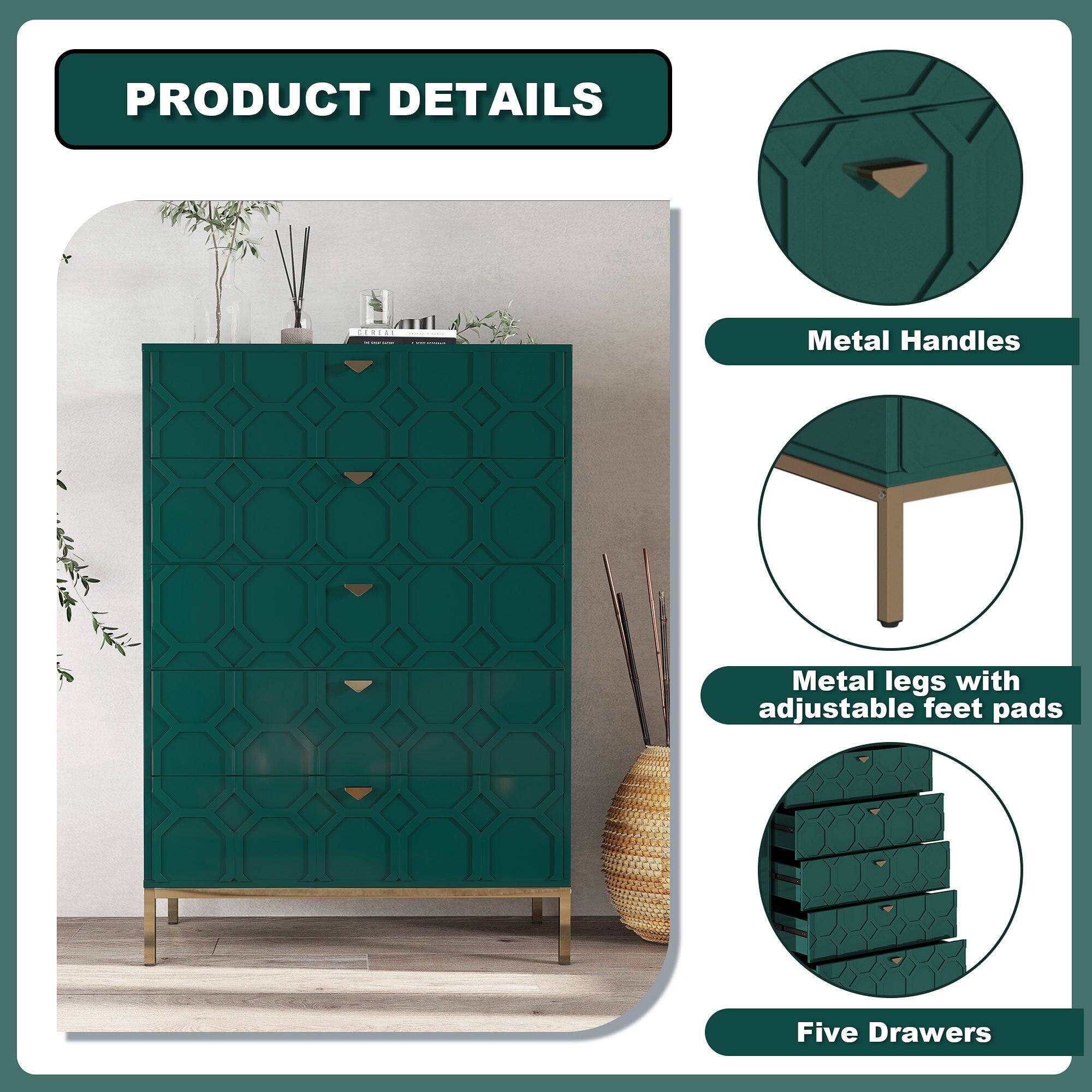 PRODUCT DETAILS

- Metal Handles
- Metal legs with adjustable feet pads
- Five Drawers