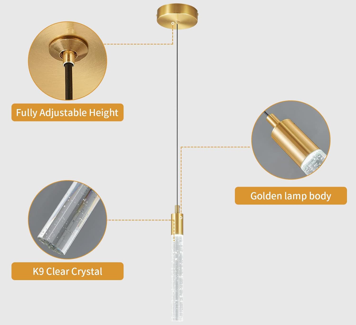 Fully Adjustable Height  
Golden lamp body  
K9 Clear Crystal