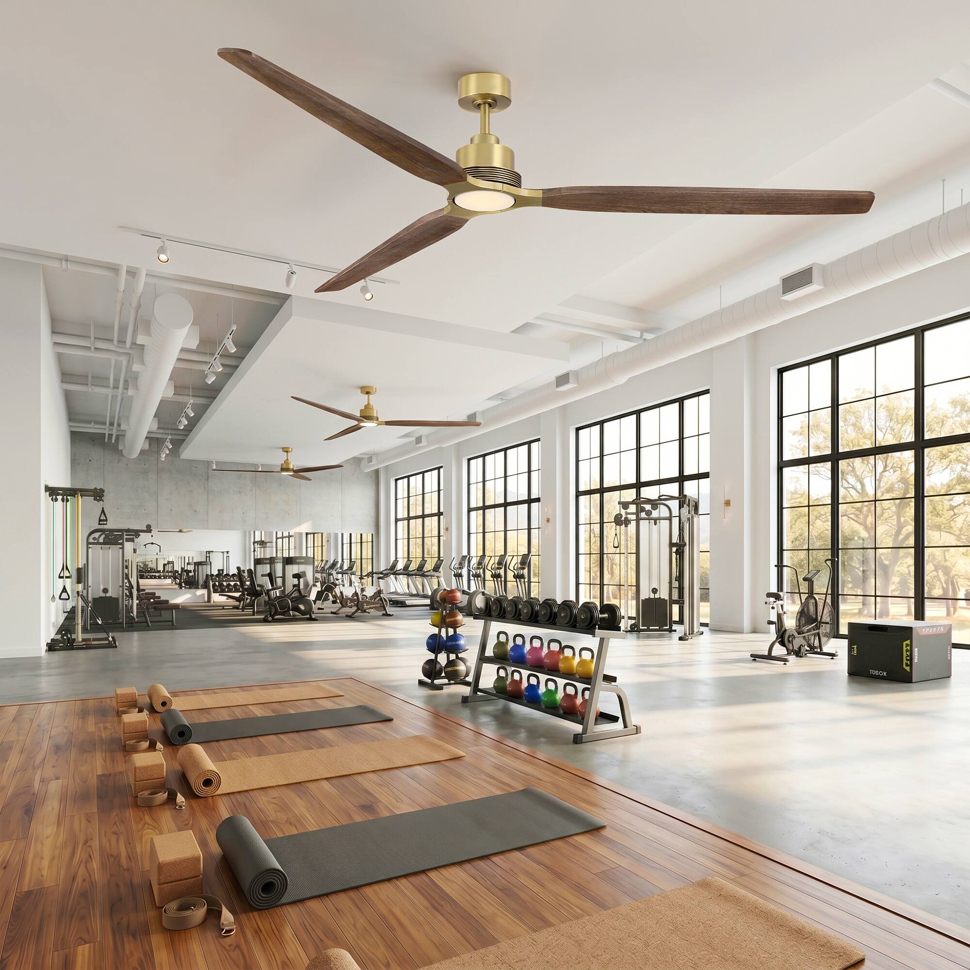 Left. Parrot Uncle - 84" Vintage Solid Wood Large Ceiling Fan with Diammable LED Light and Remote - Brass.
