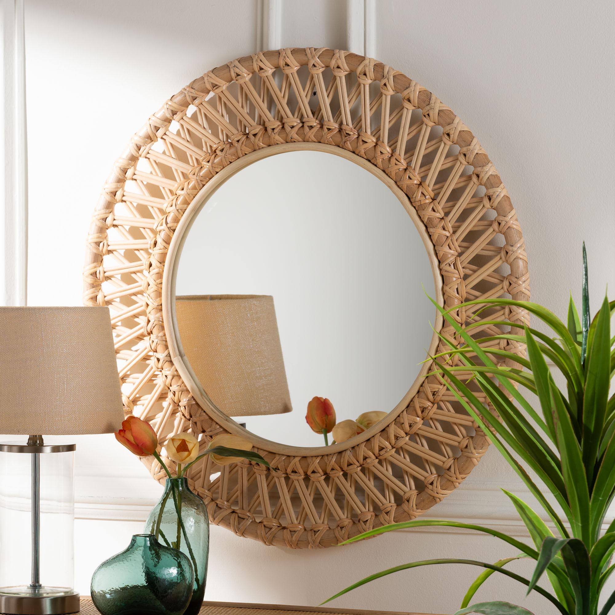 Left. bali & pari - Burris Natural Rattan Wall Mirror - Handwoven Wicker Round Frame, Boho Coastal Accent Wall Décor - Natural.