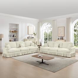 Anysun - Classic 2-Piece Chenille Sofa Set (3+3 Seat Sofa) - Flared Arms, Ruffled Skirt & Spindle Legs - Beige