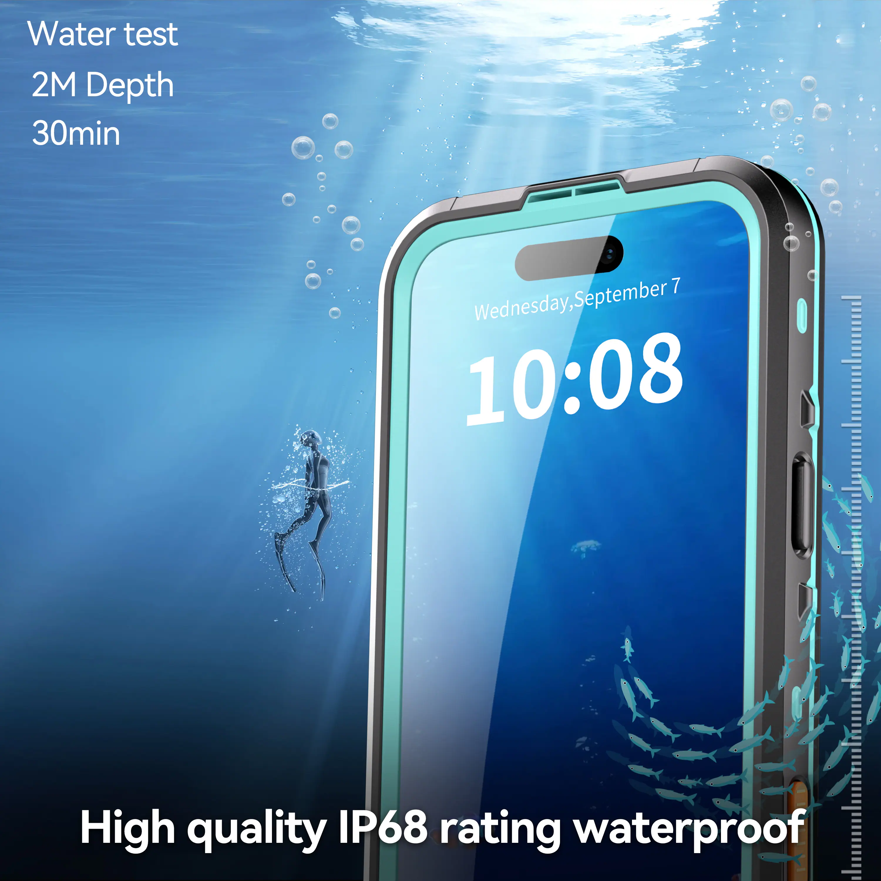 Water test  
2M Depth  
30min  

Wednesday, September 7  
10:08  

High quality IP68 rating waterproof