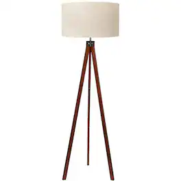 Lepower - Modern 61" Wooden Tripod Floor Lamp with E26 Base, Linen Fabric Shade, Standing Lamp for Living Room Bedroom Office - Brown