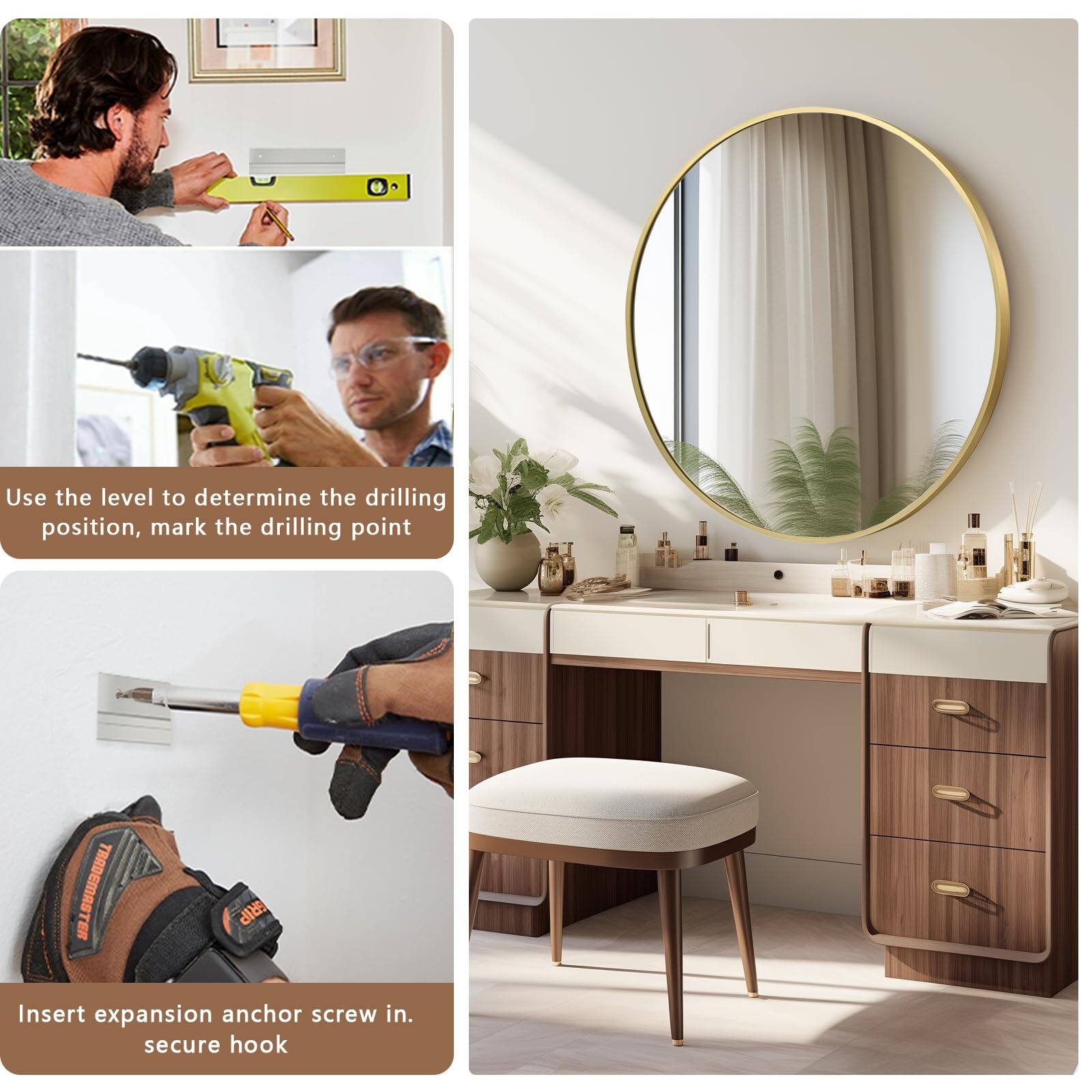 1. Use the level to determine the drilling position, mark the drilling point.
2. Insert expansion anchor screw in, secure hook.