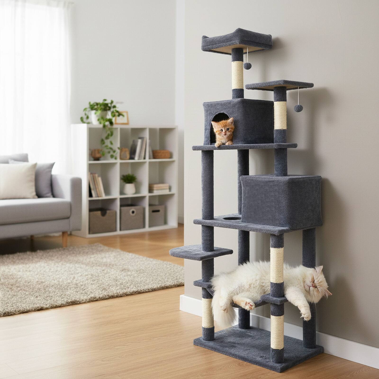 Alt View 1. Costway - Costway 70" Cat Tree for Indoor Cats with Padded Top Perch, Dual Condos, Hammock, Platforms - Dark Gray.