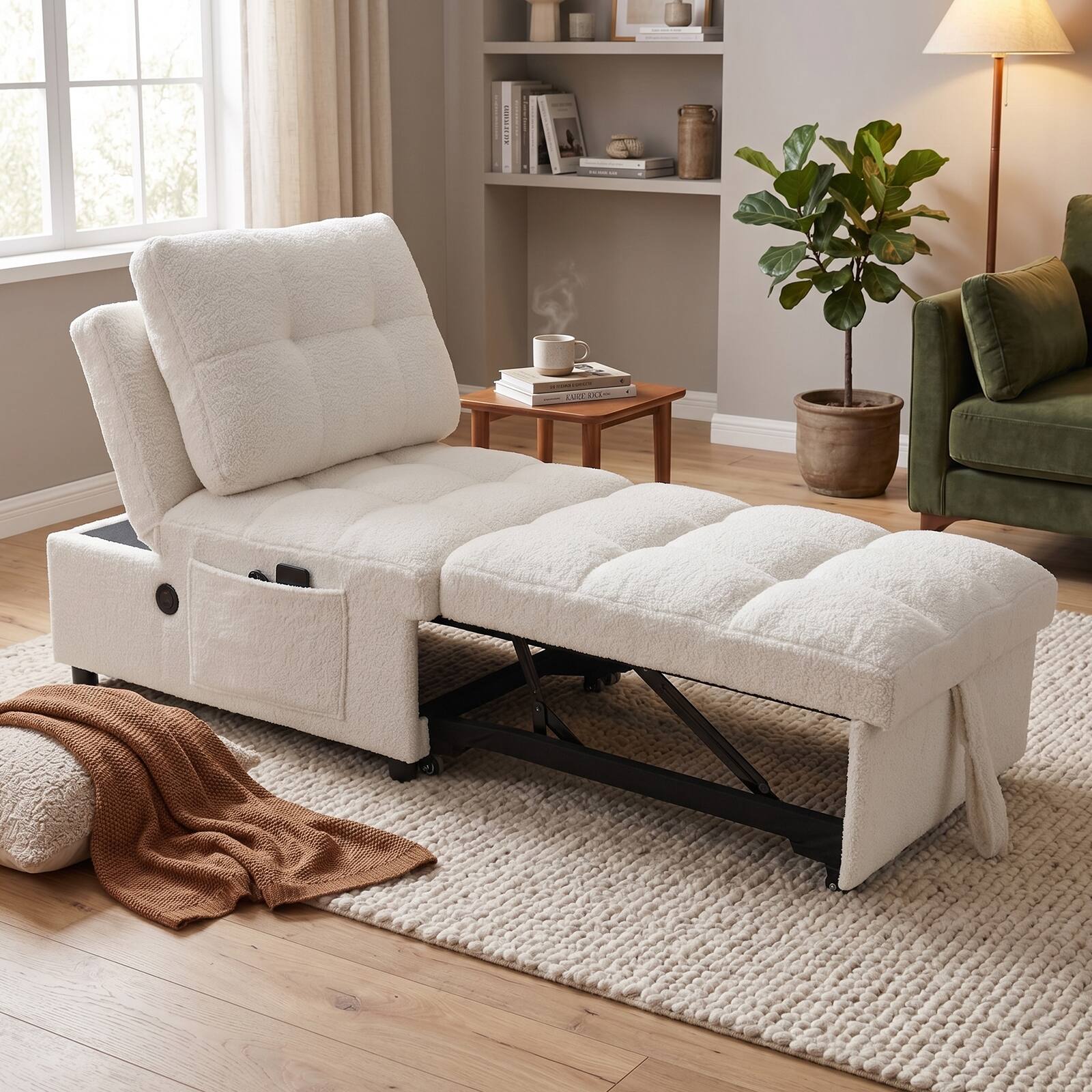 Front. Anysun - Single Sofa Bed Without Armrests – Soft Teddy Fabric, Built-in USB Port, Side Storage Pocket, Adjustable Backrest - White.