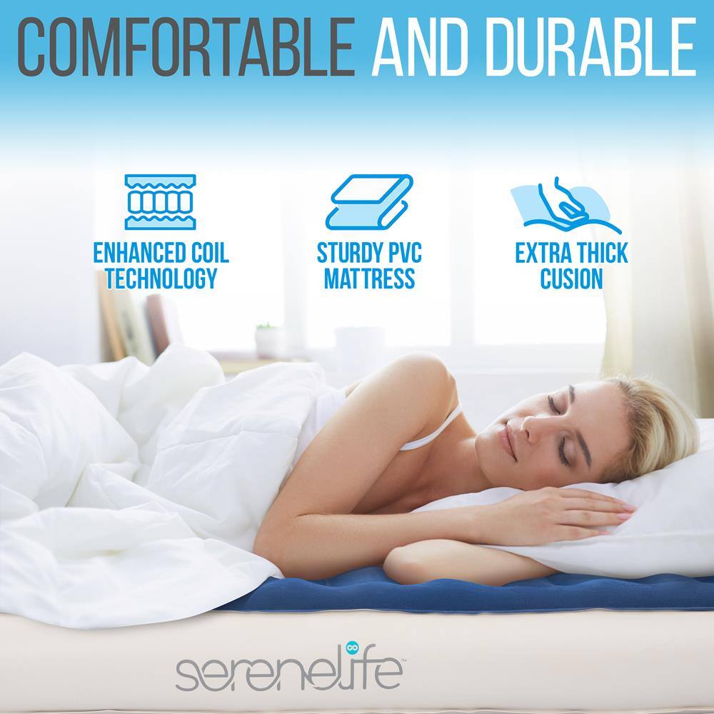COMFORTABLE AND DURABLE

ENHANCED COIL TECHNOLOGY  
STURDY PVC MATTRESS  
EXTRA THICK CUSHION

serenelife