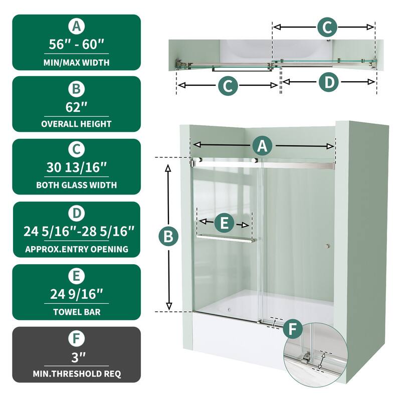 A 56" - 60" MIN/MAX WIDTH  
62" OVERALL HEIGHT  
C 30 13/16" BOTH GLASS WIDTH  
D 24 5/16" - 28 5/16" APPROX. ENTRY OPENING  
E 24 9/16" TOWEL BAR  
F 3" MIN. THRESHOLD REQ