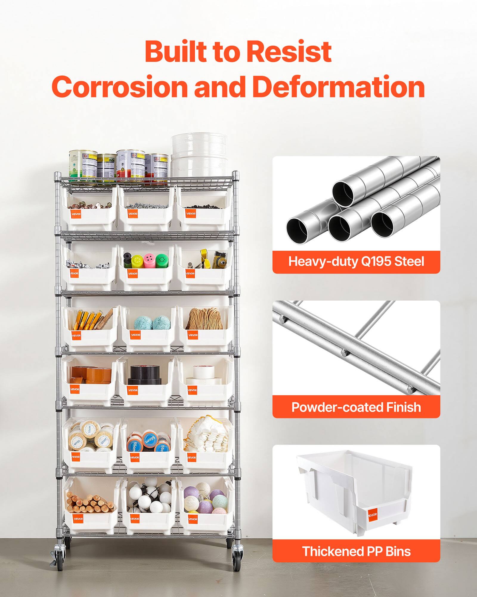 Built to Resist Corrosion and Deformation

- Heavy-duty Q195 Steel
- Powder-coated Finish
- Thickened PP Bins