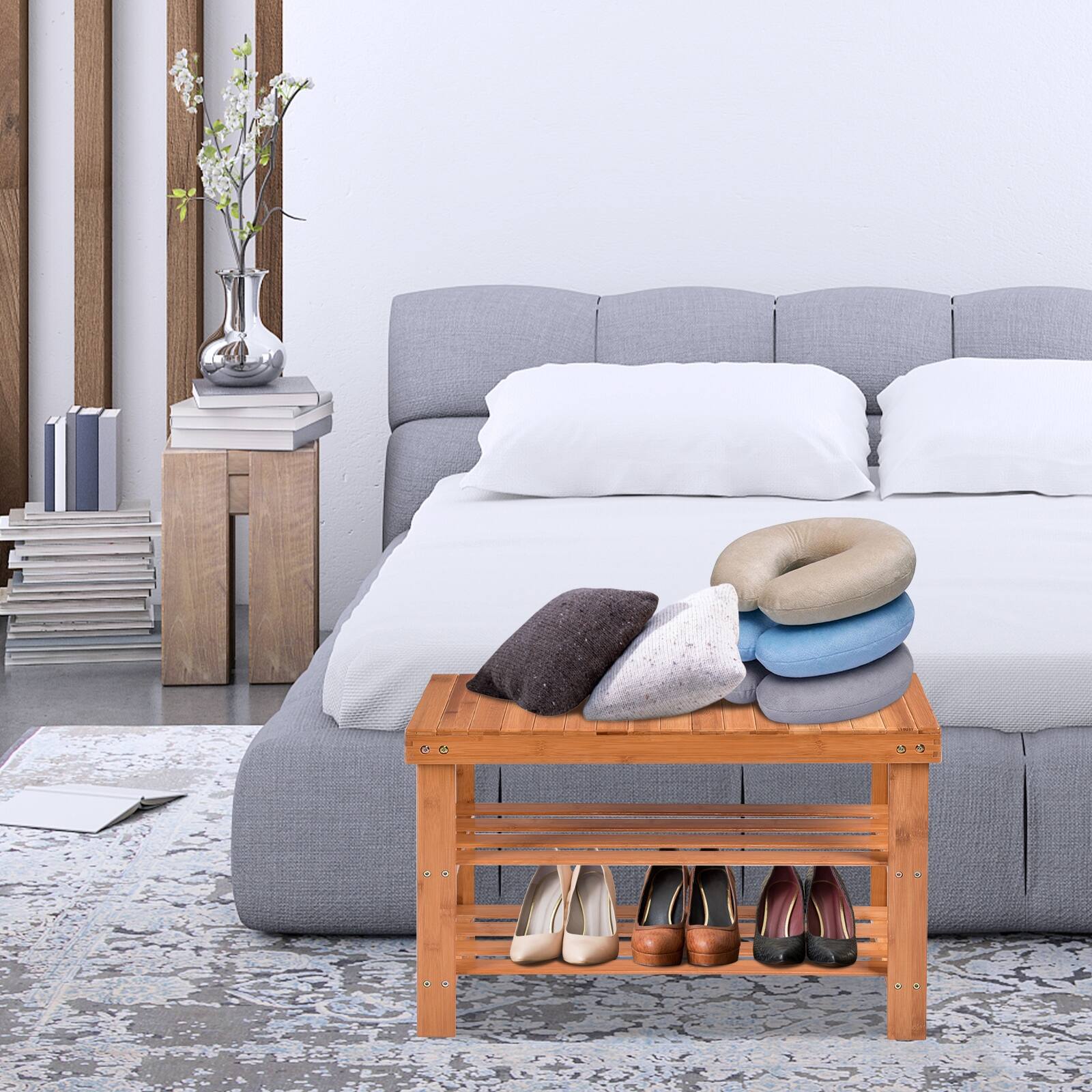 Alt View 8. Ecooso - 3-Tier Bamboo Shoe Rack Bench for Entryway - Natural.