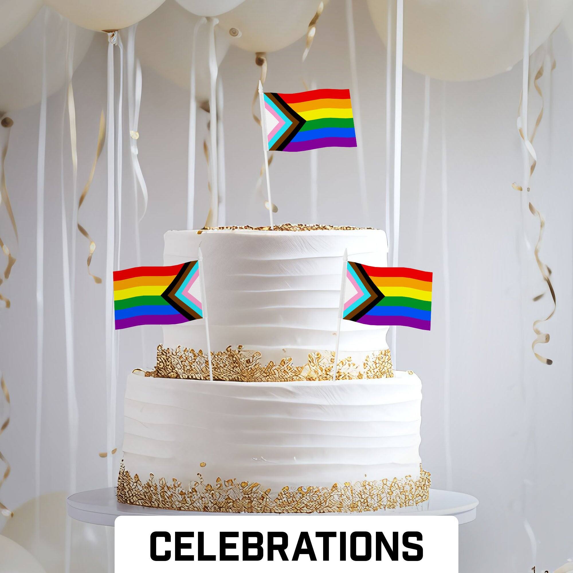 Alt View 1. G128 - 12 Pack Handheld LGBT Progress Rainbow Pride Flags 4 x 6 in 150D Polyester - Assorted Colors.