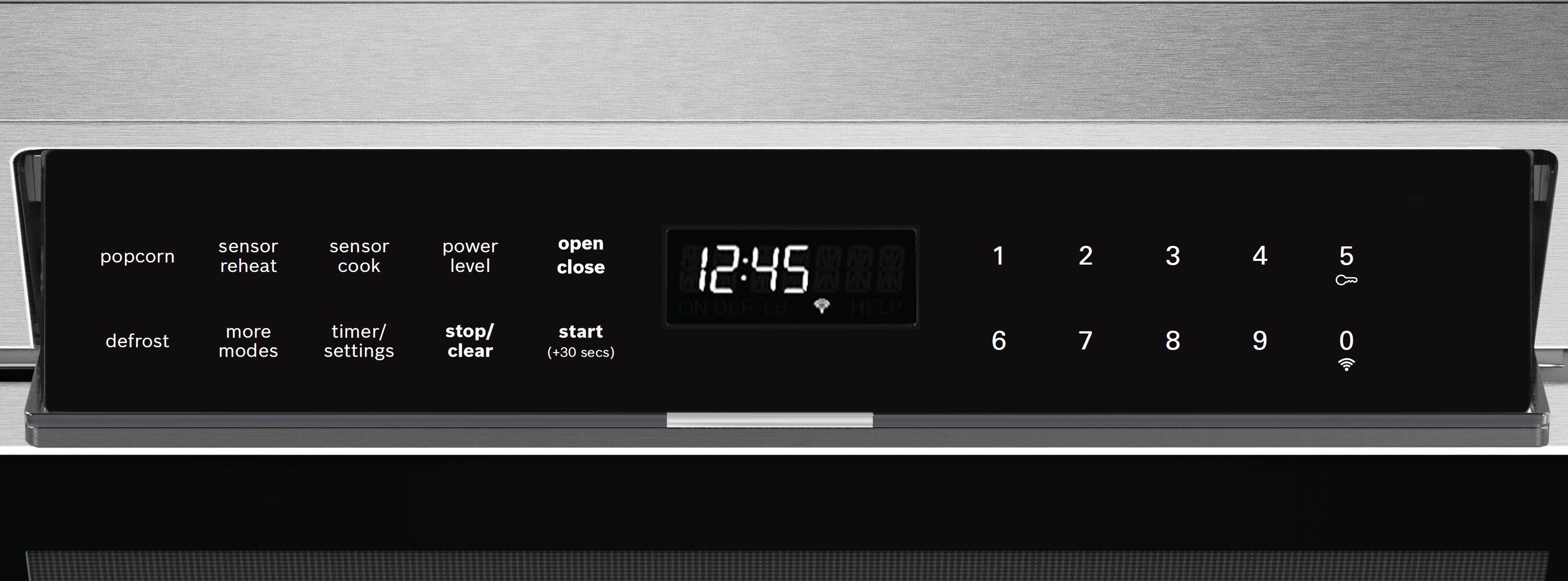 popcorn  
sensor reheat  
sensor cook  
power level  
defrost  
more modes  
timer/ settings  
stop/ clear  
open close  
start (+30 secs)  

12:45  

ON/ OFF  
DEF  
L8  
HELP  

1 2 3 4 5  
6 7 8 9 0
