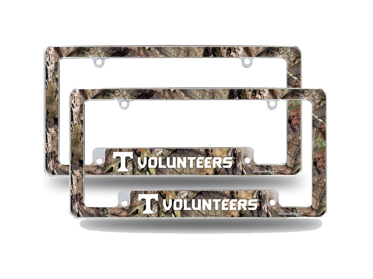 Tennessee Volunteers Chrome Metal (Set of 2) License Plate Frames with Bold Mossy Oak Camouflaged Camo Design